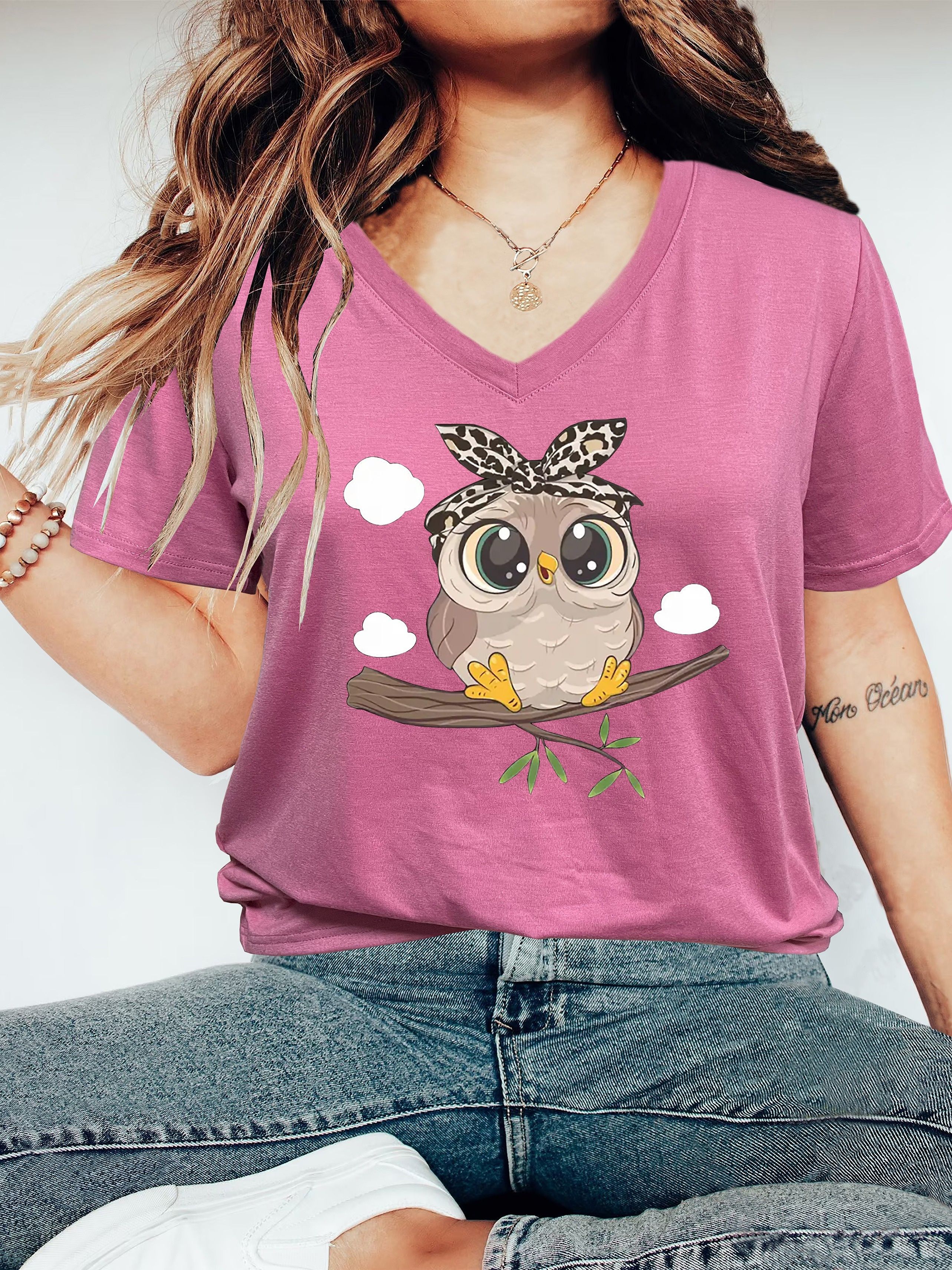 cute owl print v neck t shirt, cute owl print v neck t shirt casual short sleeve t shirt for spring summer womens clothing details 0