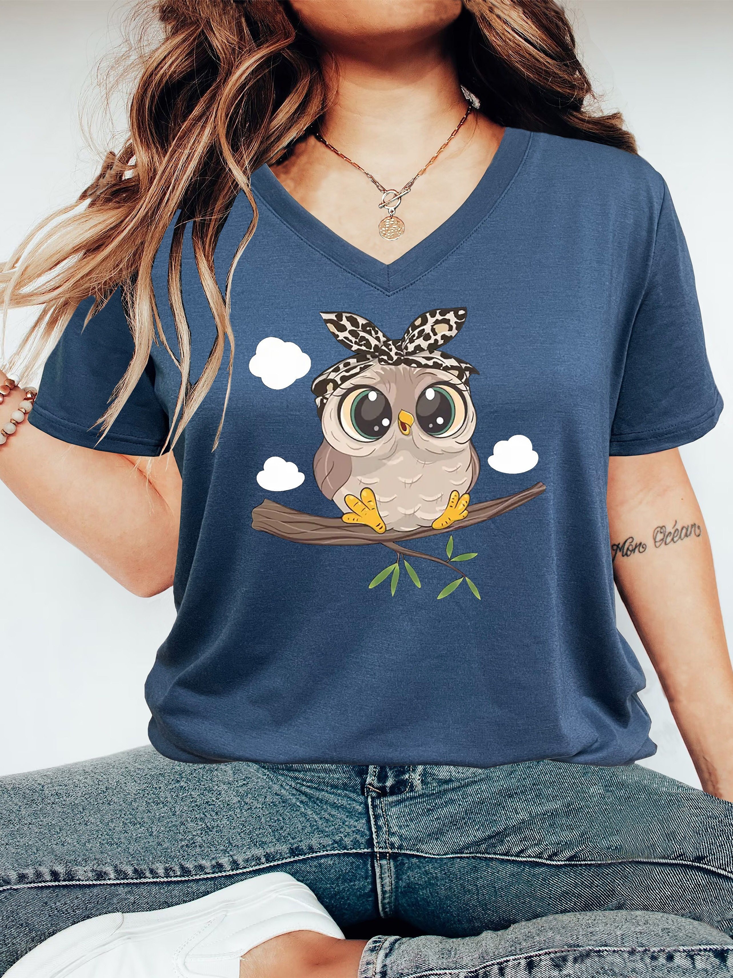 cute owl print v neck t shirt, cute owl print v neck t shirt casual short sleeve t shirt for spring summer womens clothing details 10