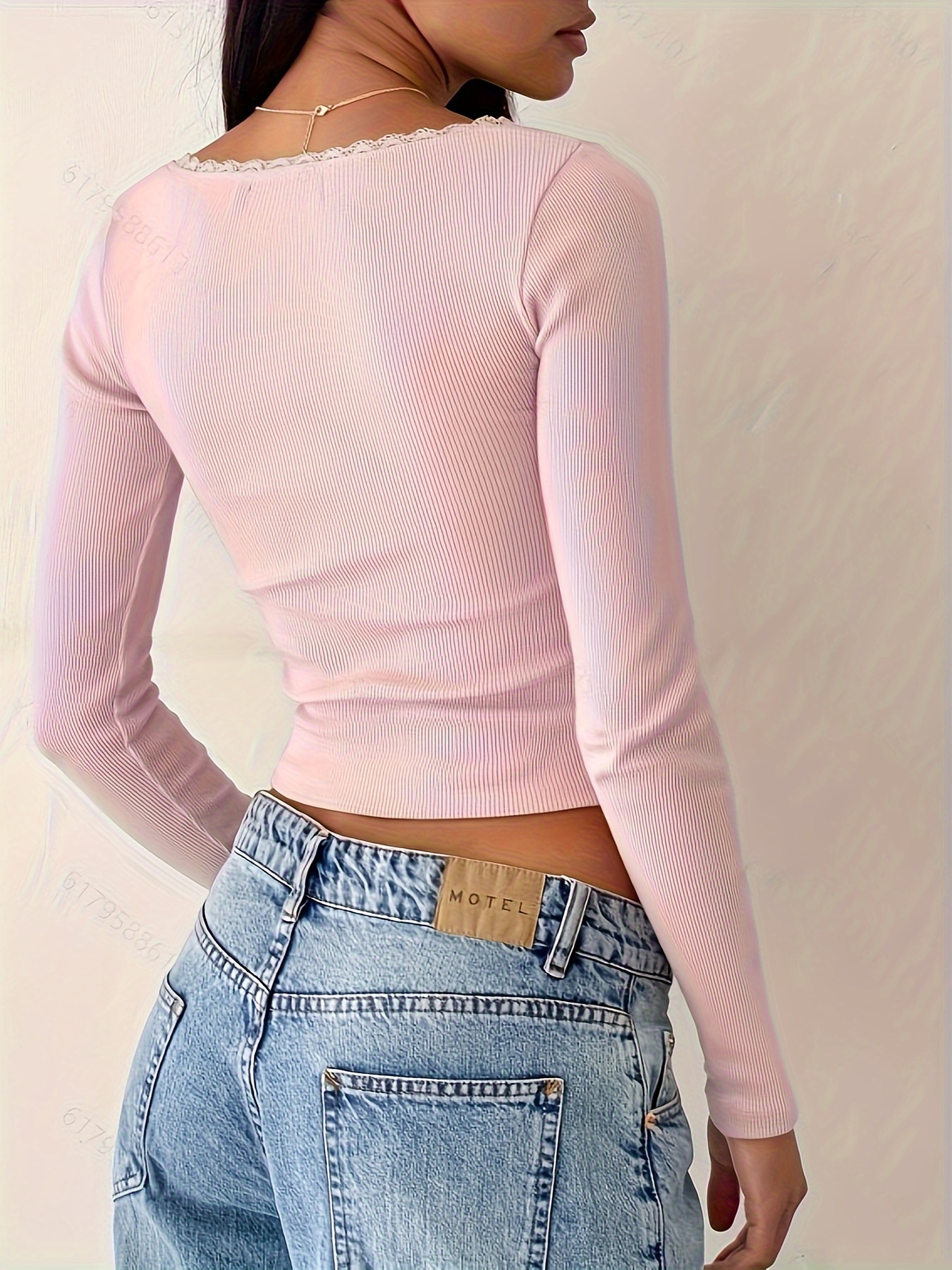 ribbed solid lace trim t shirt casual long sleeve top for spring fall womens clothing details 6