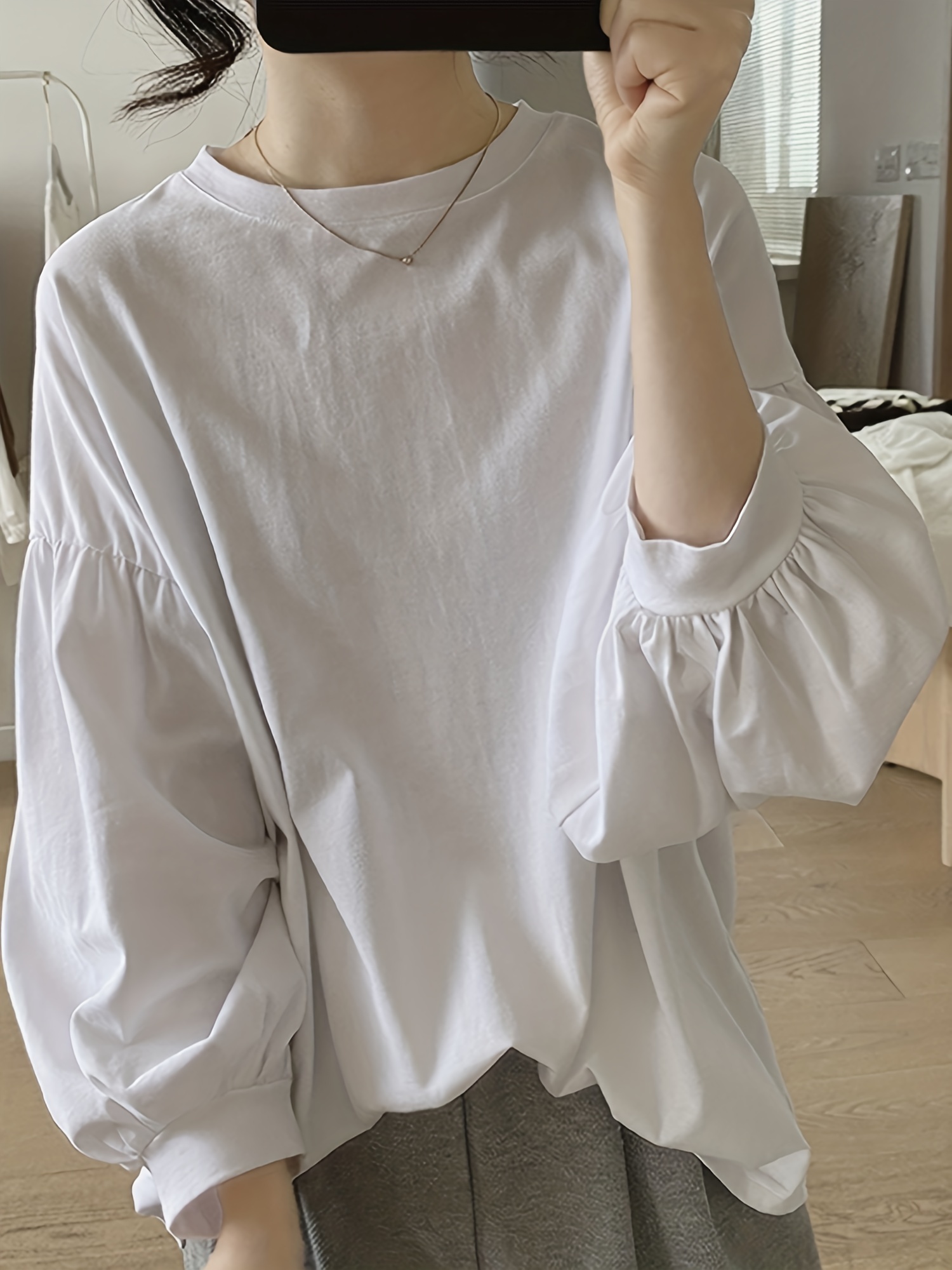 solid crew neck t shirt casual lantern sleeve top for spring fall womens clothing details 0