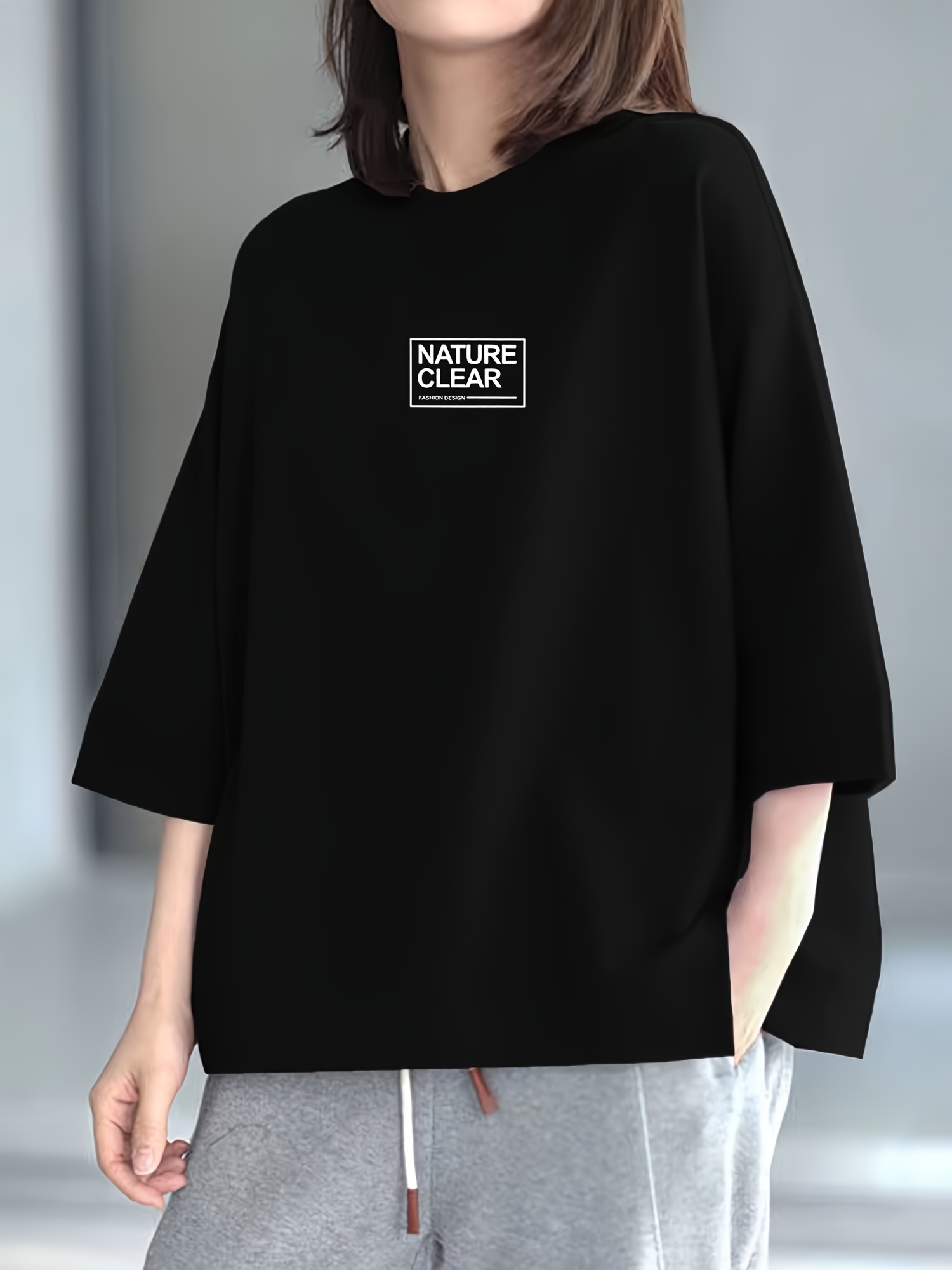 letter print simple t shirt casual drop shoulder 3 4 sleeve crew neck t shirt womens clothing details 10