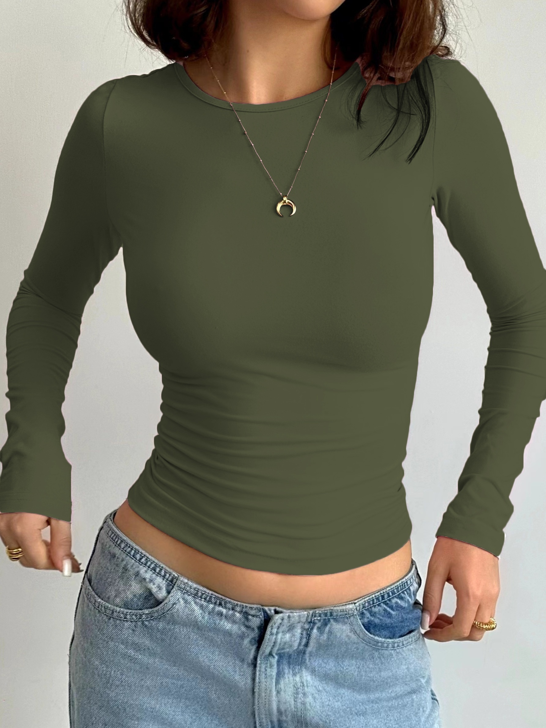 solid crew neck t shirt casual long sleeve top for spring fall womens clothing details 6