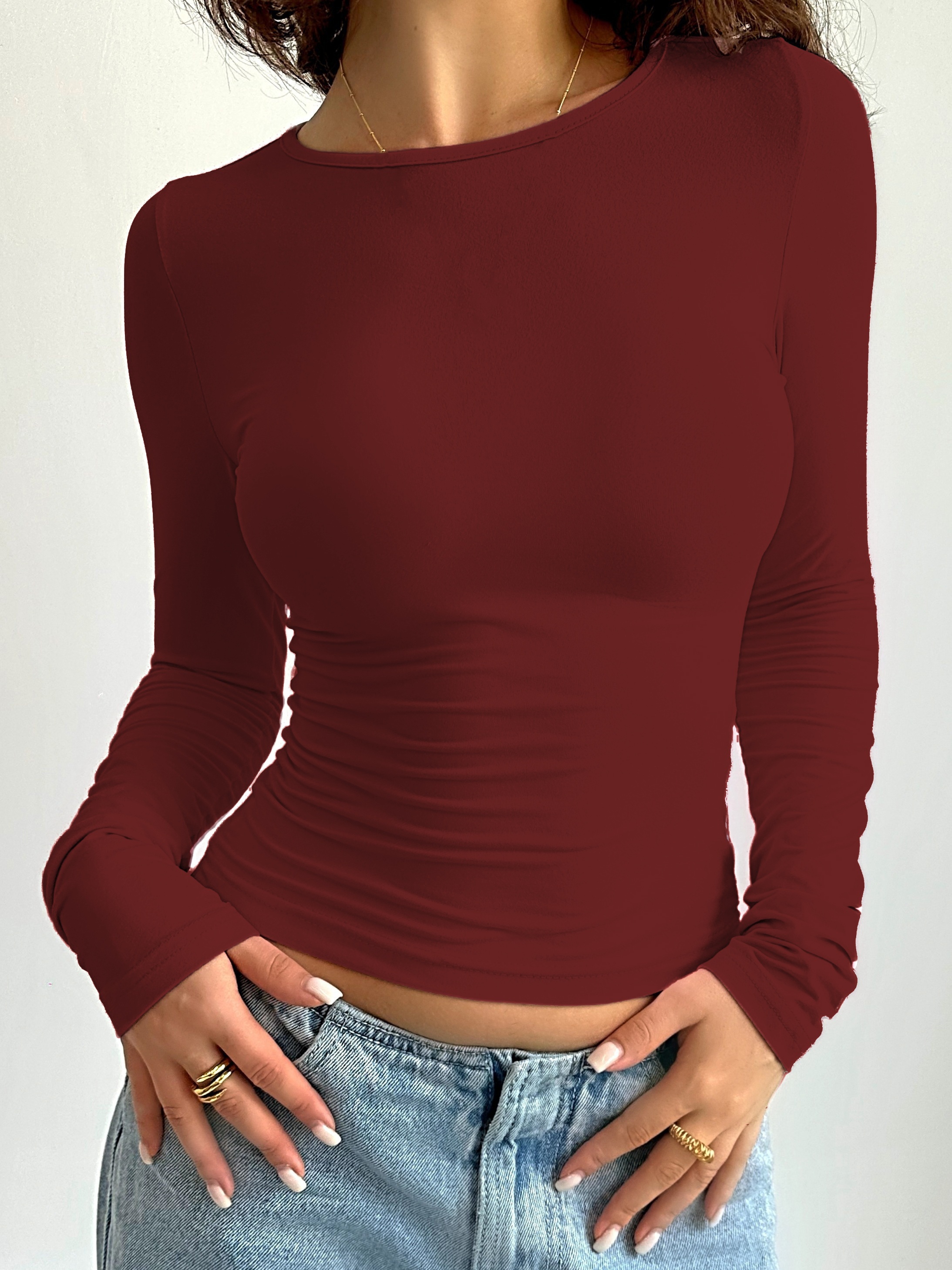 solid crew neck t shirt casual long sleeve top for spring fall womens clothing details 32