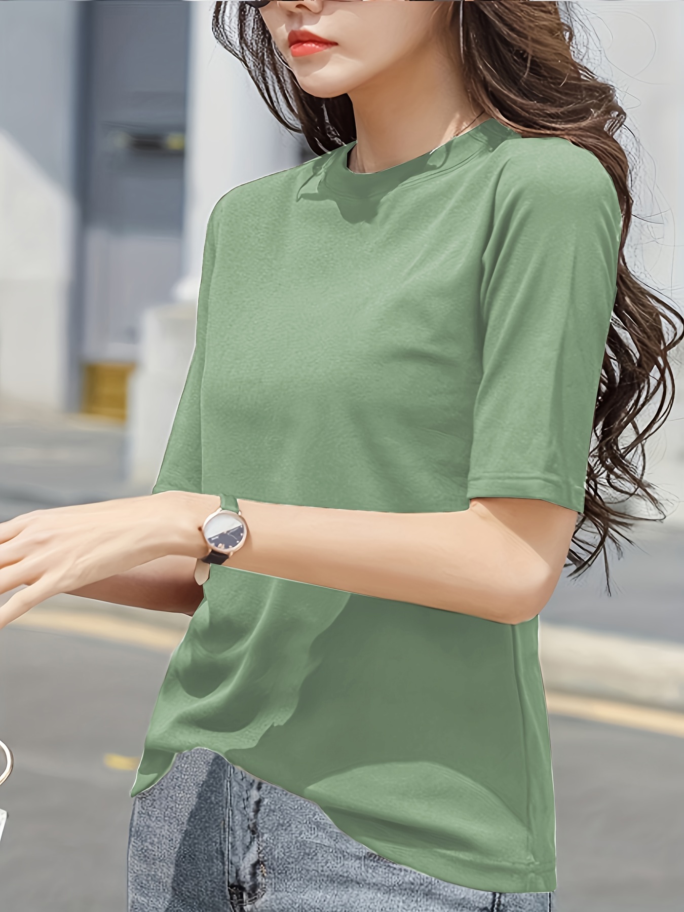 short sleeve crew neck t shirt casual top for summer spring womens clothing details 2