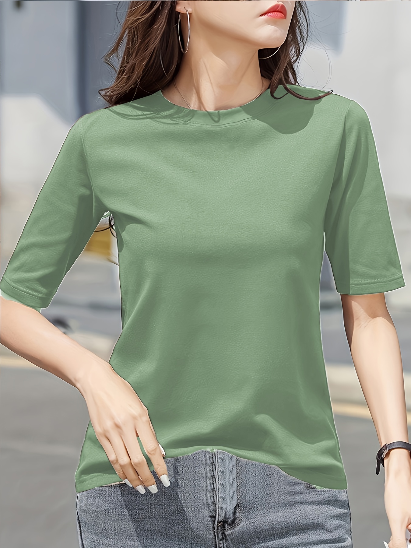 short sleeve crew neck t shirt casual top for summer spring womens clothing details 3