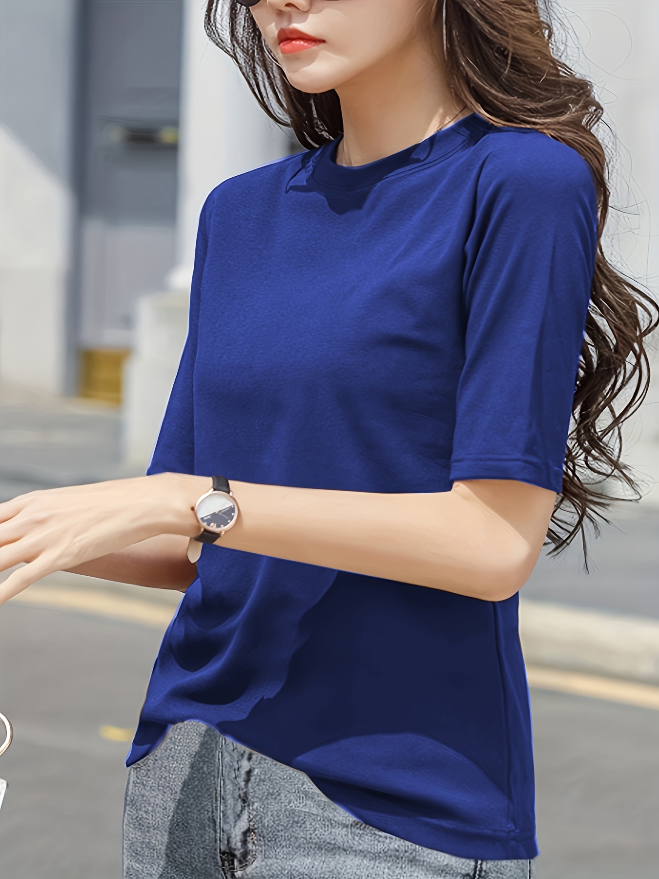 short sleeve crew neck t shirt casual top for summer spring womens clothing details 7