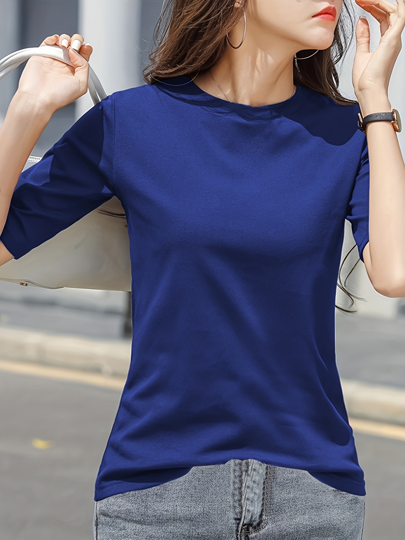 short sleeve crew neck t shirt casual top for summer spring womens clothing details 8