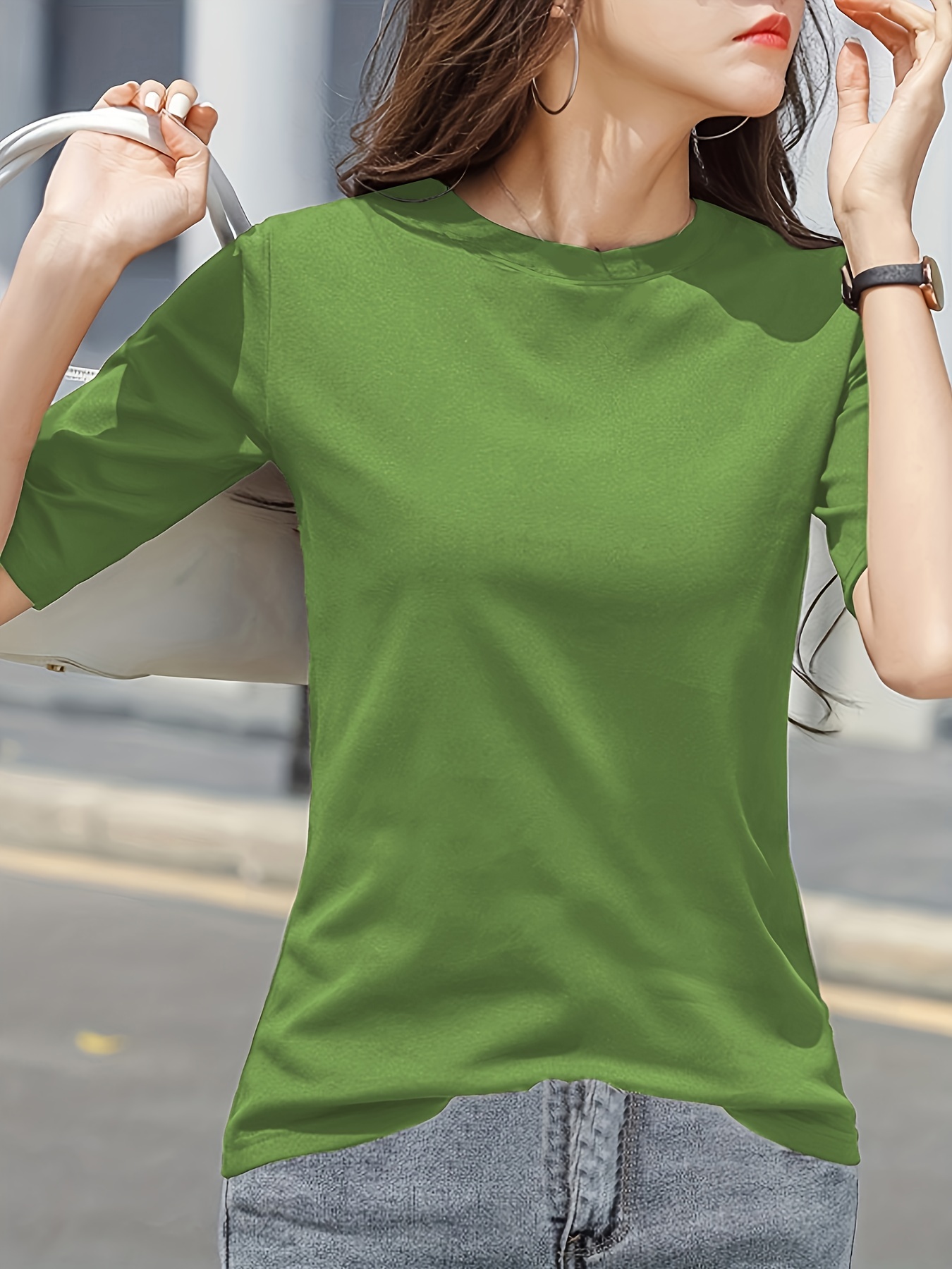 short sleeve crew neck t shirt casual top for summer spring womens clothing details 13