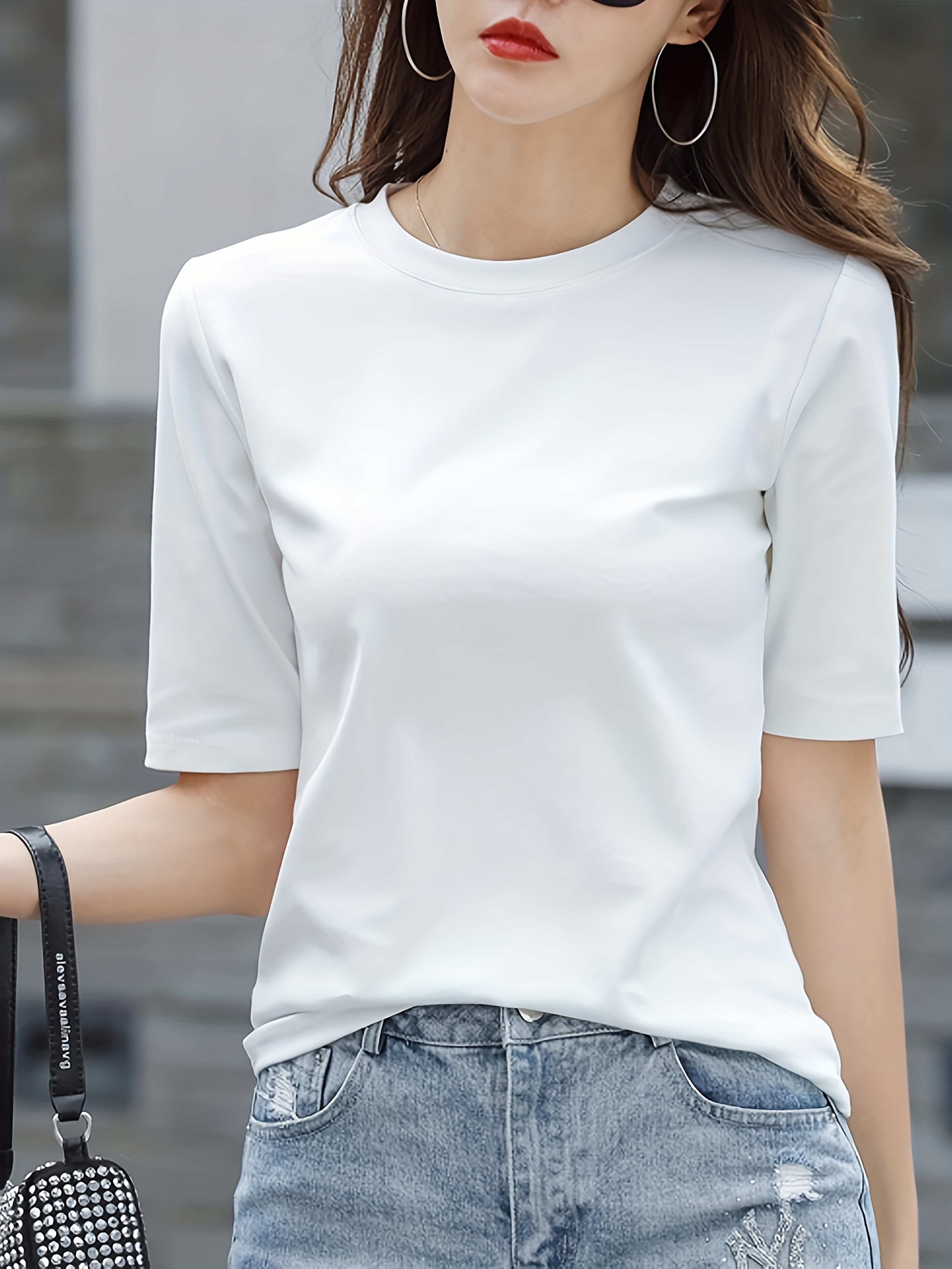 short sleeve crew neck t shirt casual top for summer spring womens clothing details 15