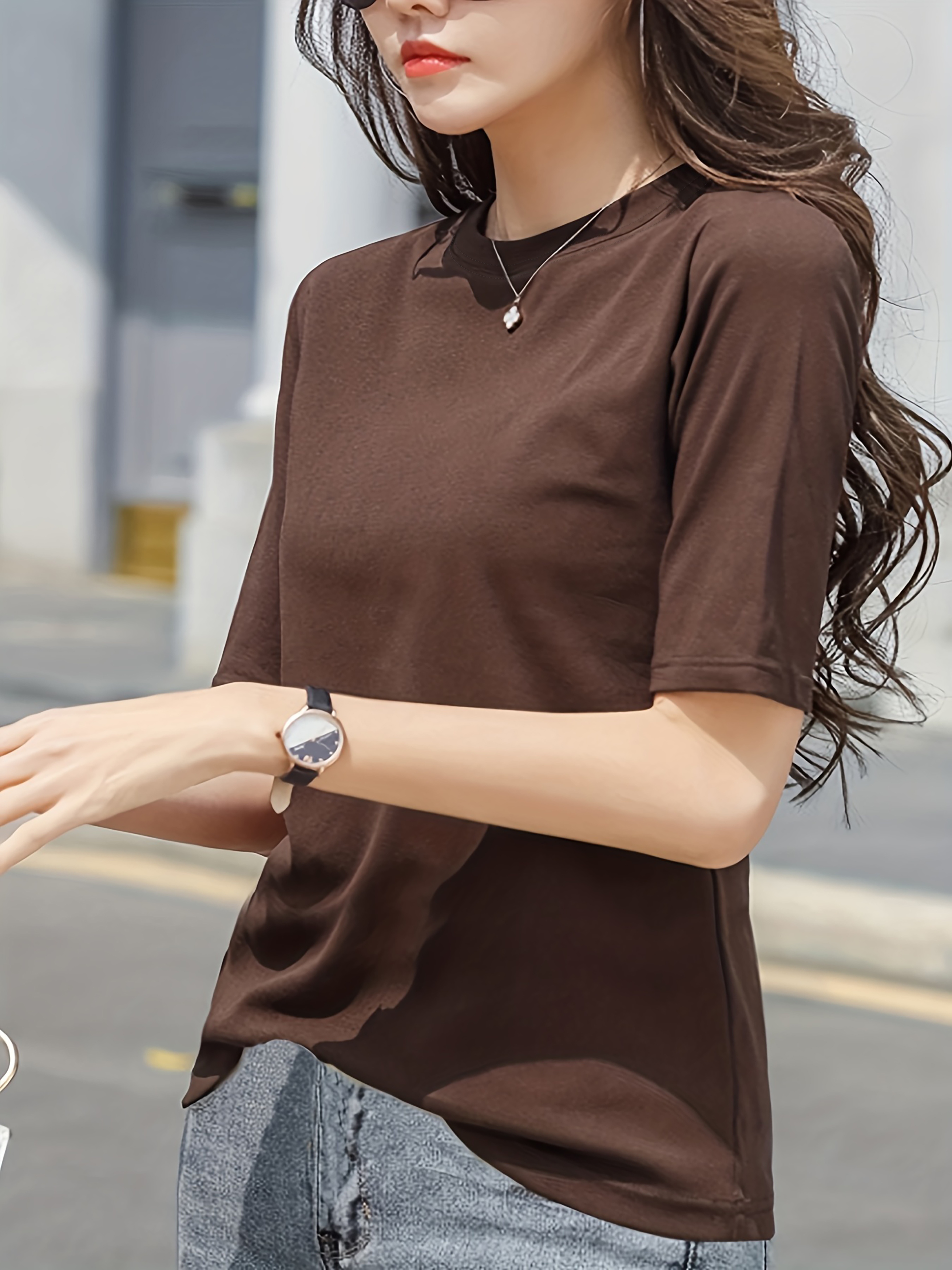 short sleeve crew neck t shirt casual top for summer spring womens clothing details 27