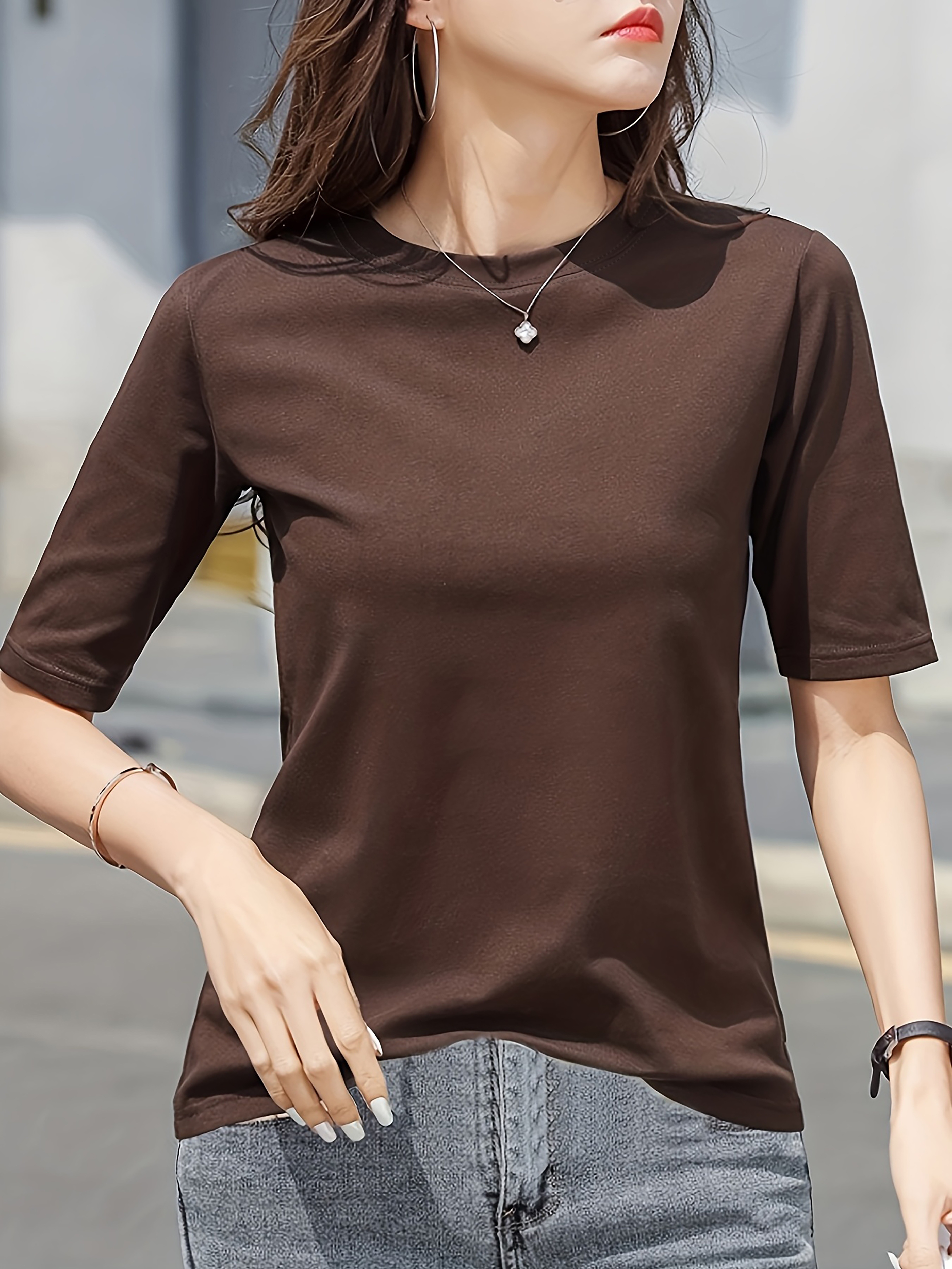 short sleeve crew neck t shirt casual top for summer spring womens clothing details 29