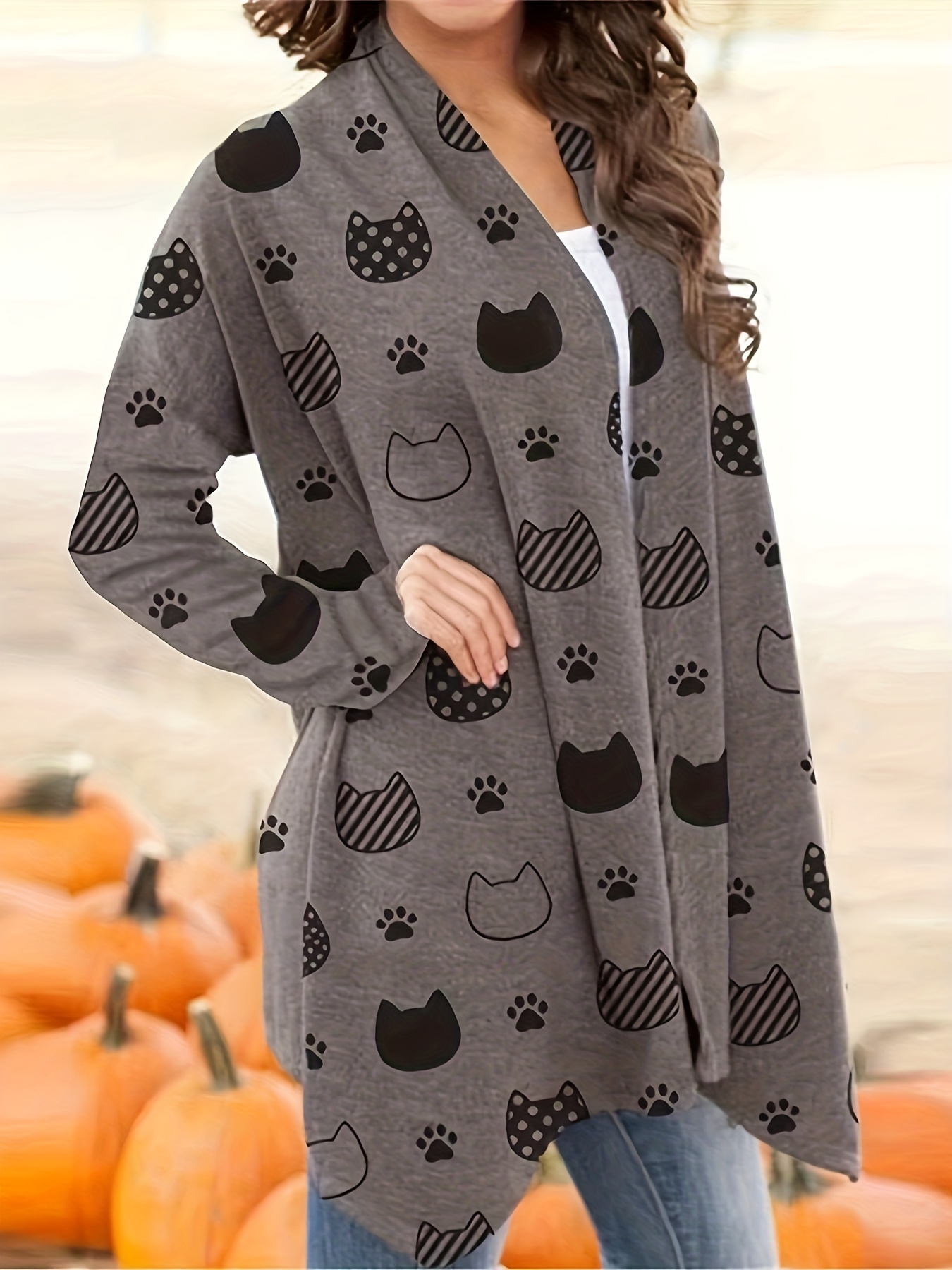 cute cat print open front cardigan casual long sleeve outerwear womens clothing details 1