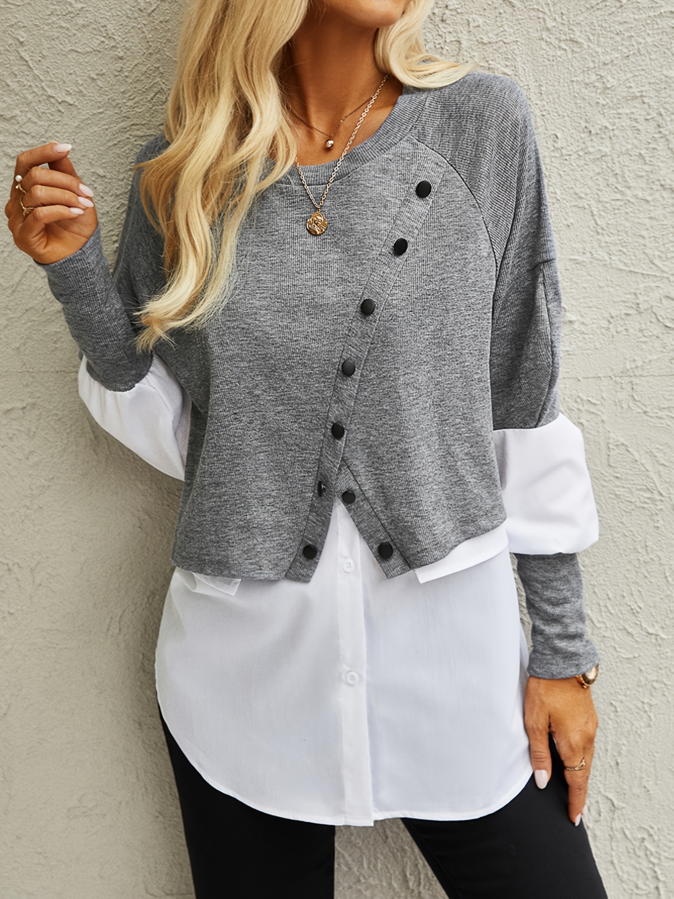 asymmetrical t shirt, colorblock button decor asymmetrical t shirt casual paneled long sleeve top for spring fall womens clothing details 1