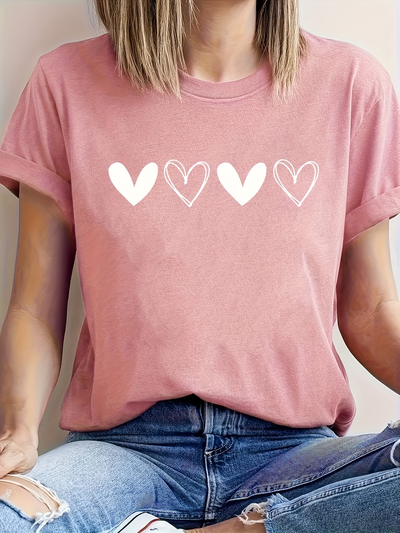 heart print crew neck t shirt cute short sleeve t shirt for spring summer womens clothing details 0