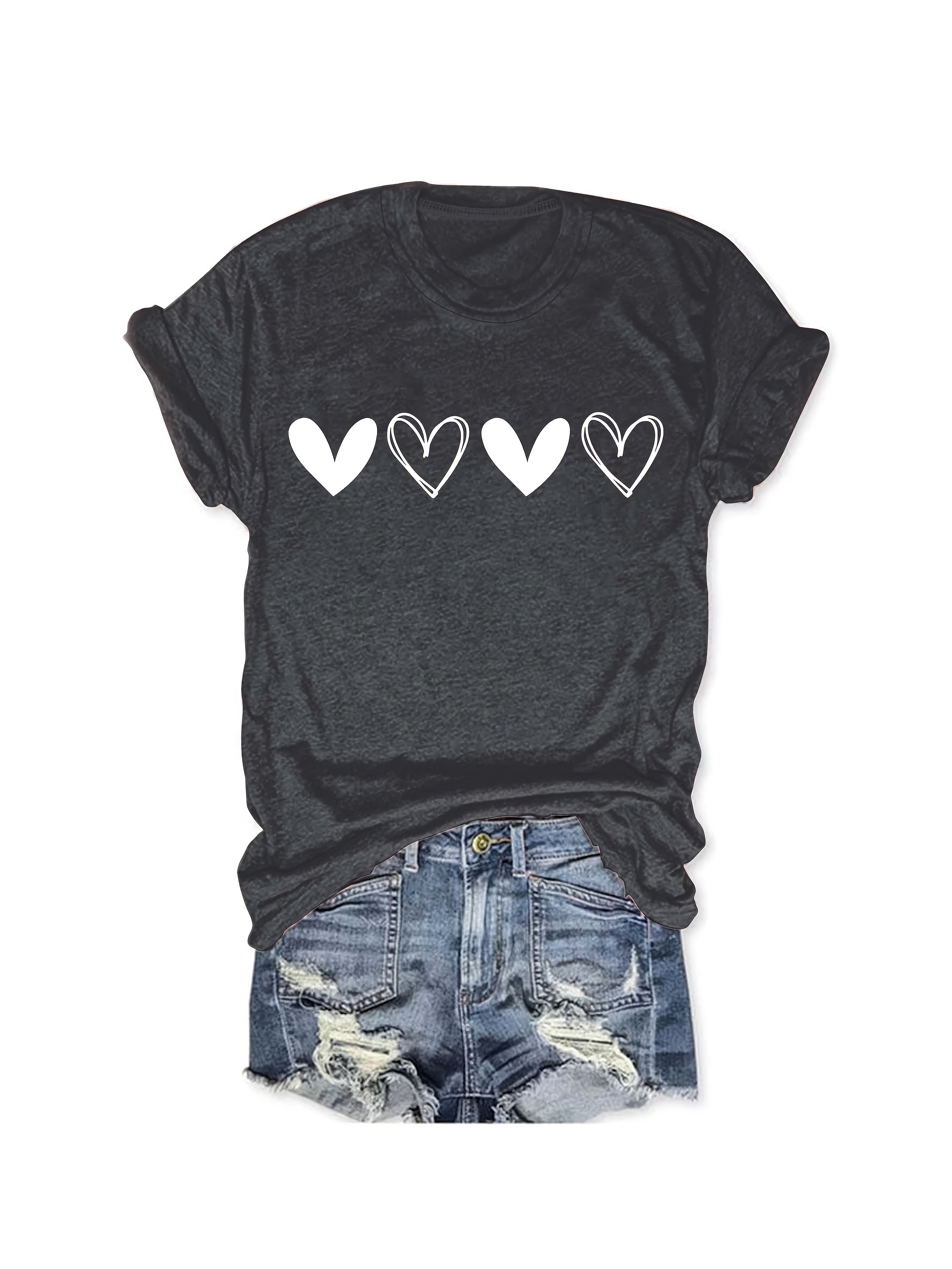 heart print crew neck t shirt cute short sleeve t shirt for spring summer womens clothing details 9