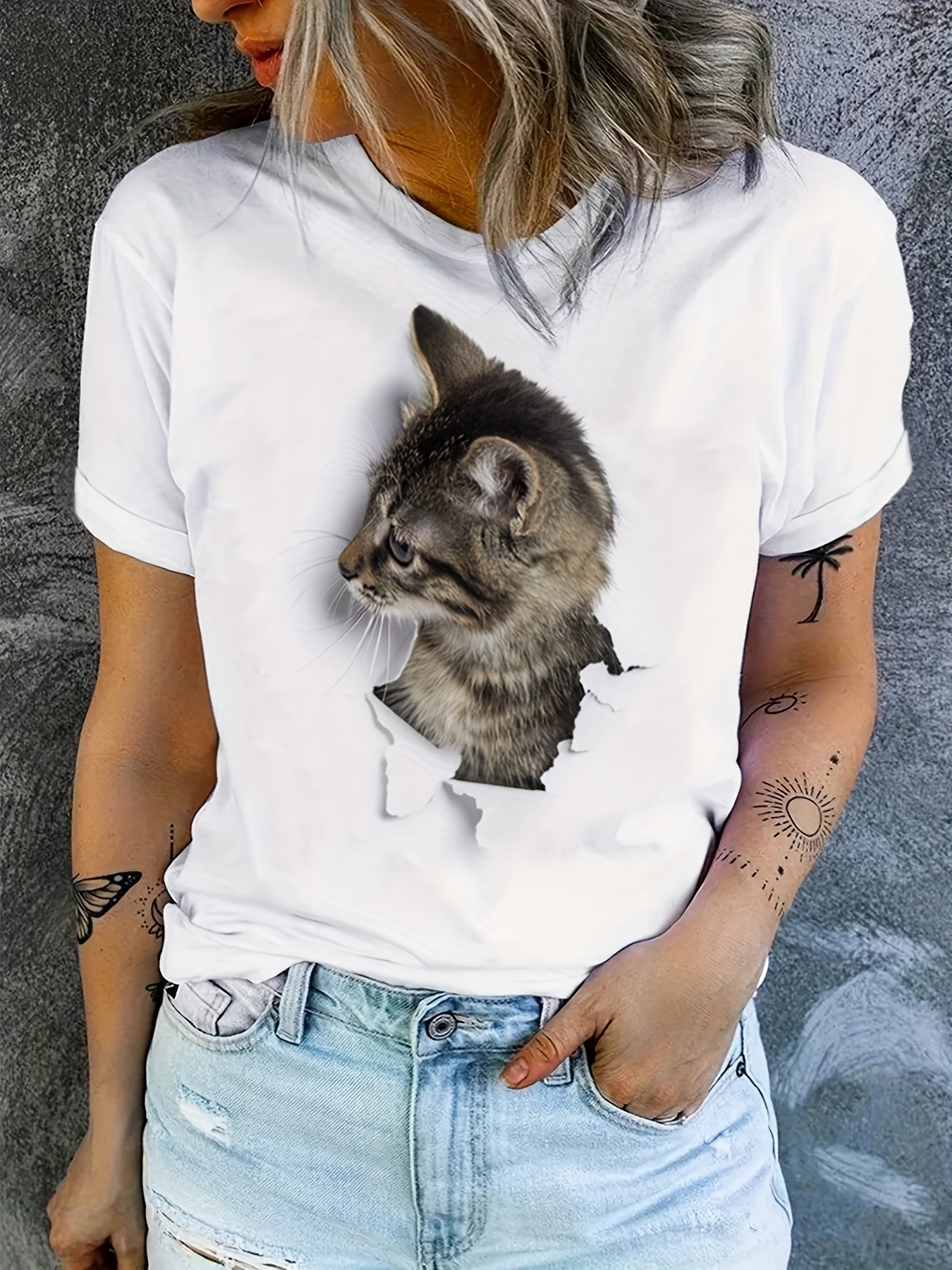 cute cat print t shirt crew neck short sleeve t shirt casual every day tops womens clothing details 10