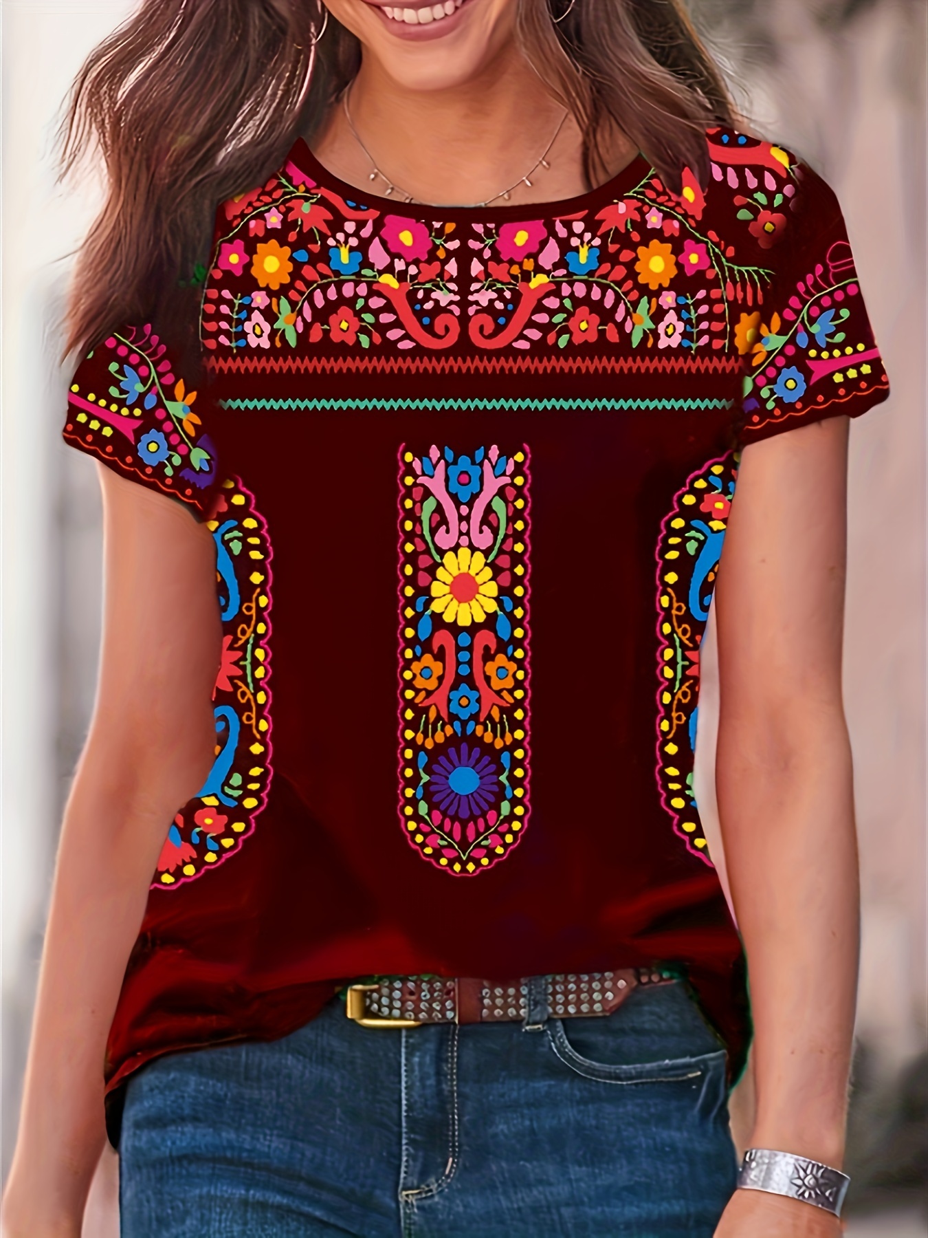 boho floral print t shirt ethnic crew neck short sleeve summer t shirt womens clothing details 0