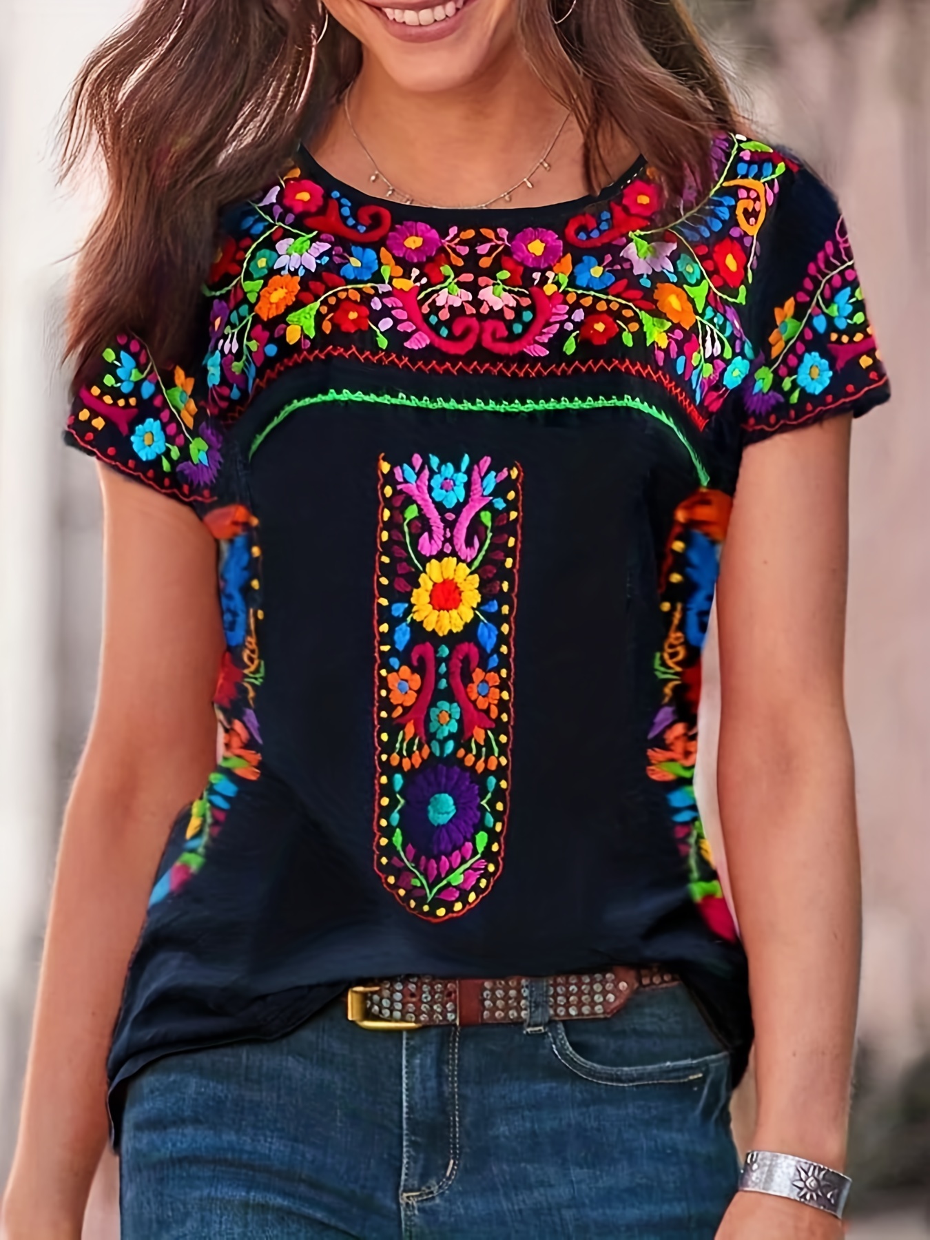 boho floral print t shirt ethnic crew neck short sleeve summer t shirt womens clothing details 11