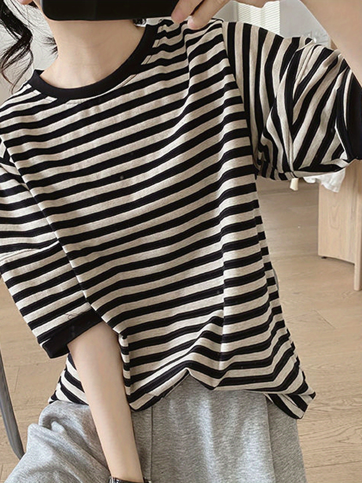 crew neck striped t shirt random print casual top for summer spring womens clothing details 0