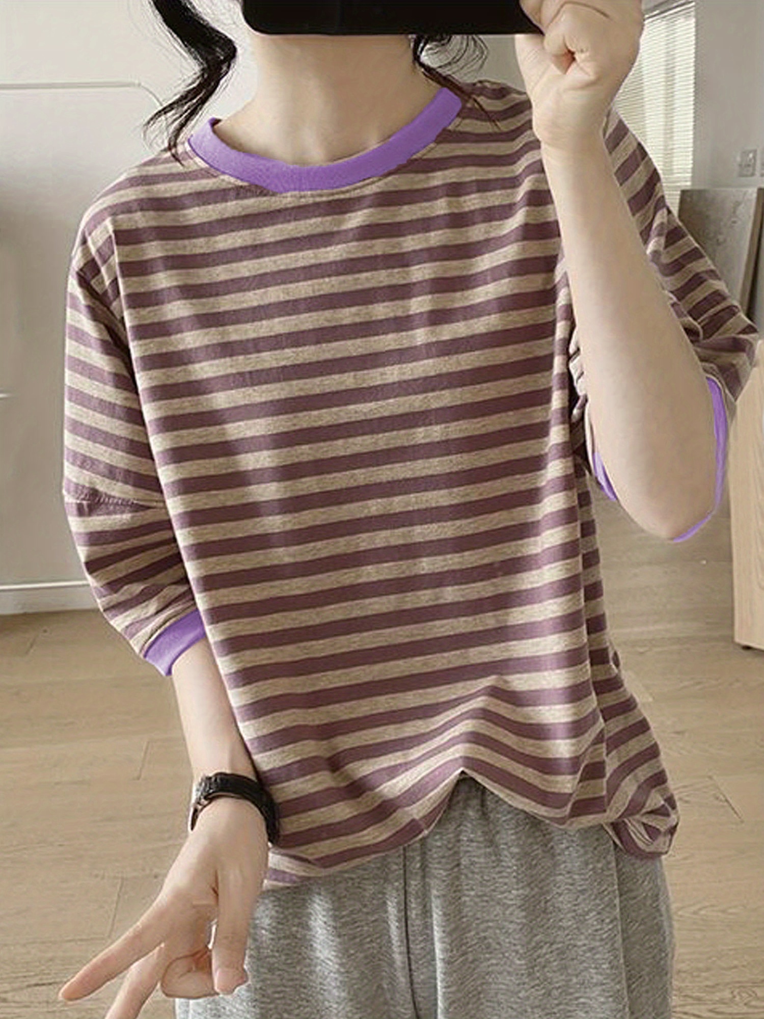 crew neck striped t shirt random print casual top for summer spring womens clothing details 6