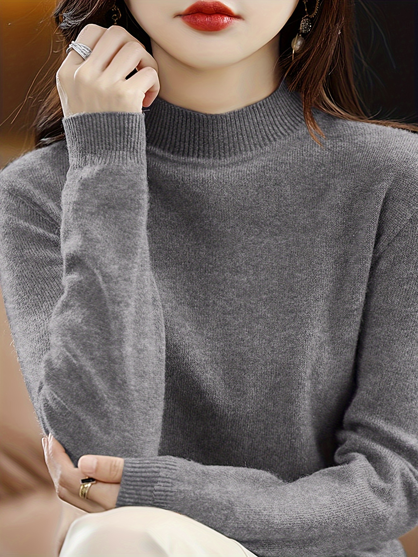 solid mock neck knit sweater casual long sleeve simple sweater womens clothing details 0