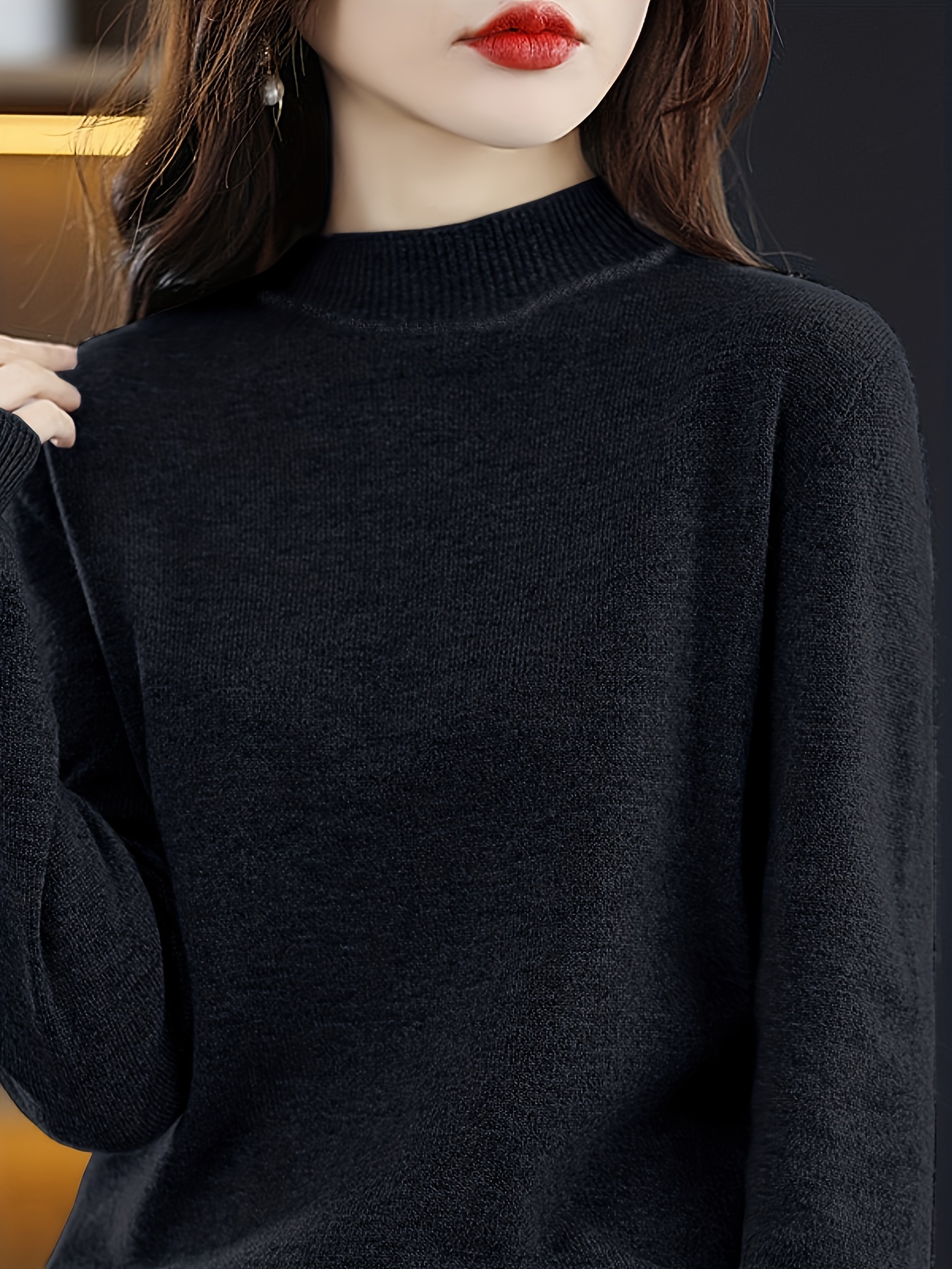 solid mock neck knit sweater casual long sleeve simple sweater womens clothing details 8