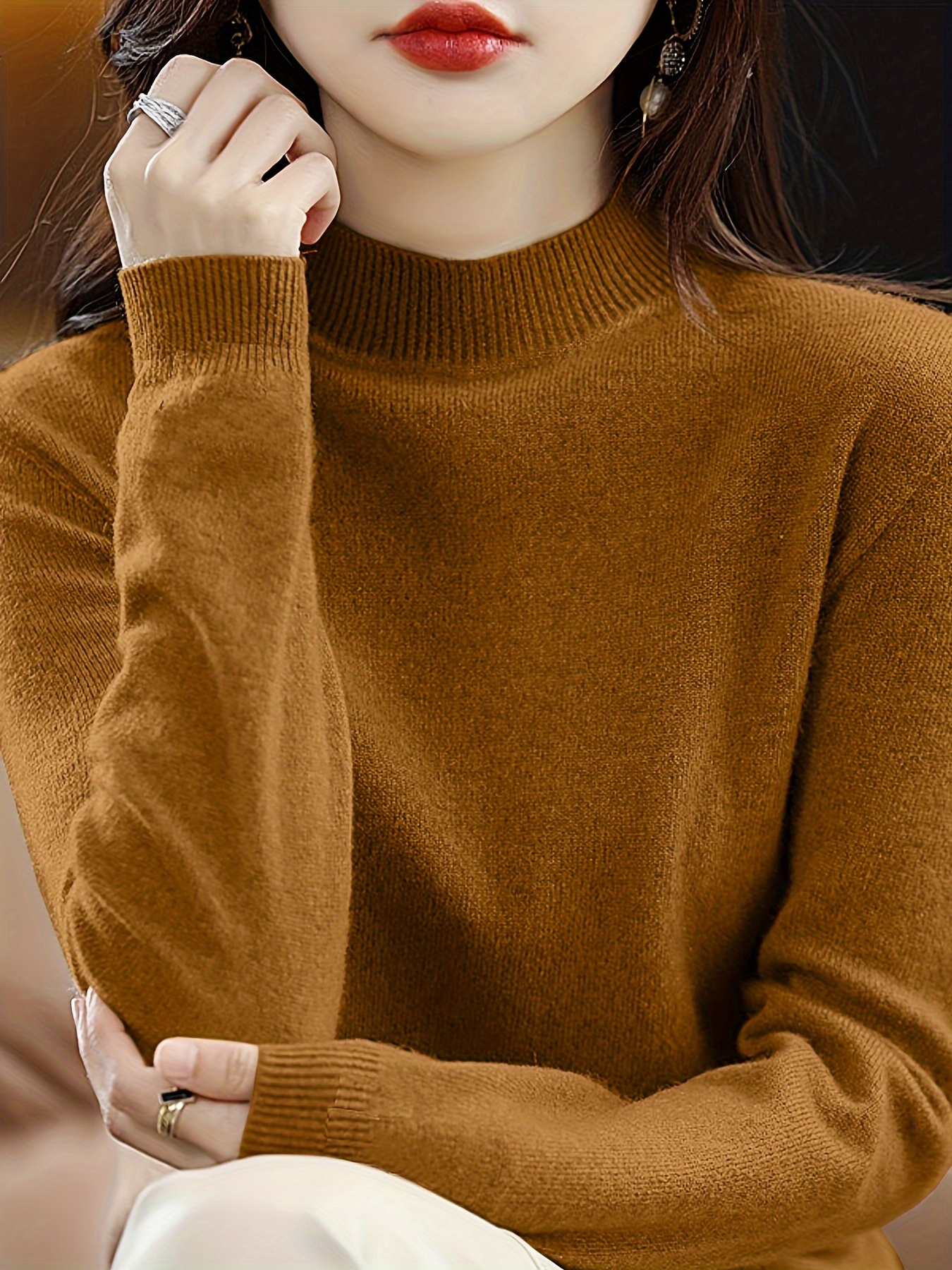 solid mock neck knit sweater casual long sleeve simple sweater womens clothing details 10