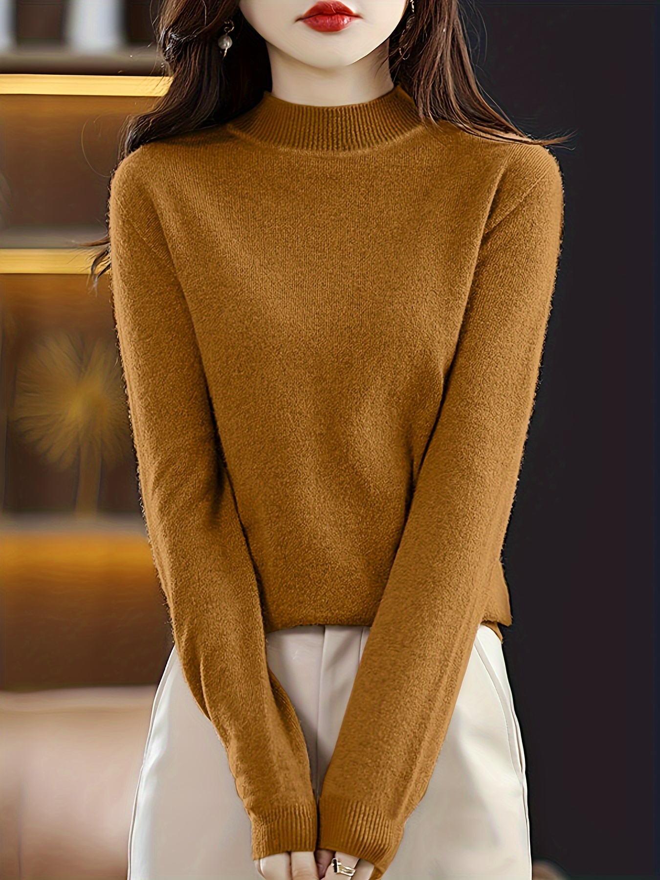 solid mock neck knit sweater casual long sleeve simple sweater womens clothing details 12