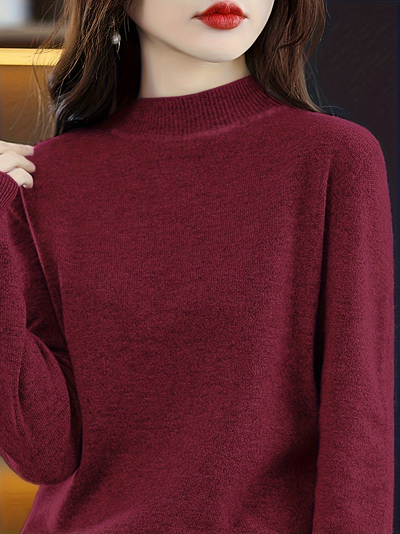 solid mock neck knit sweater casual long sleeve simple sweater womens clothing details 18