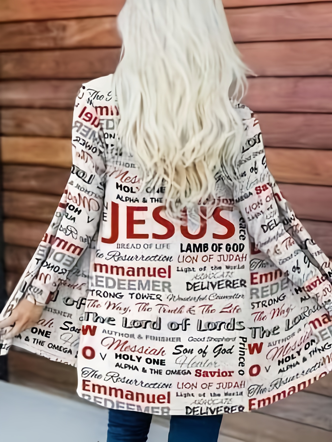 jesus print open front cardigan casual long sleeve cardigan for spring fall womens clothing details 1