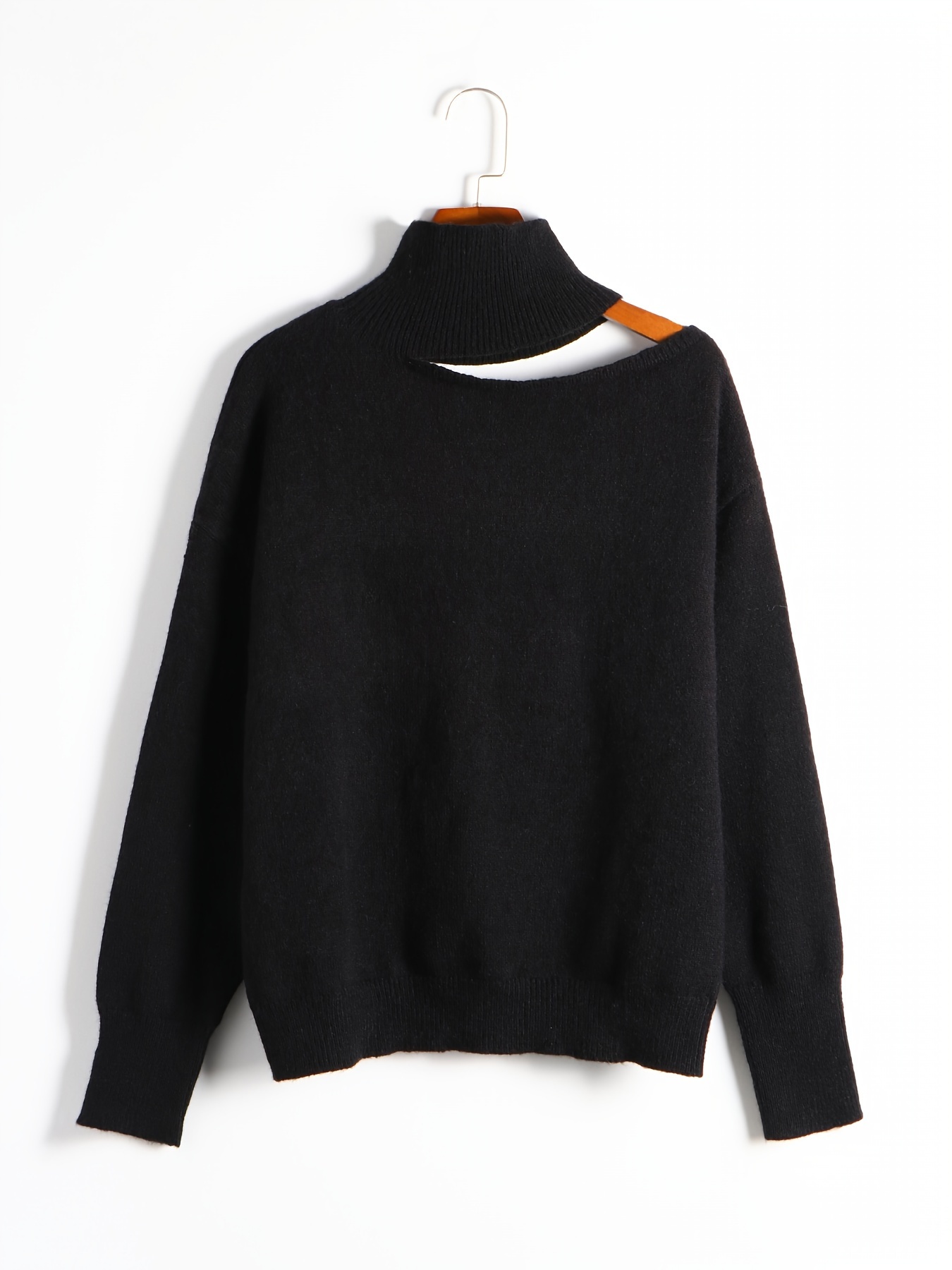 cut out solid knit sweater casual high neck long sleeve sweater womens clothing details 0