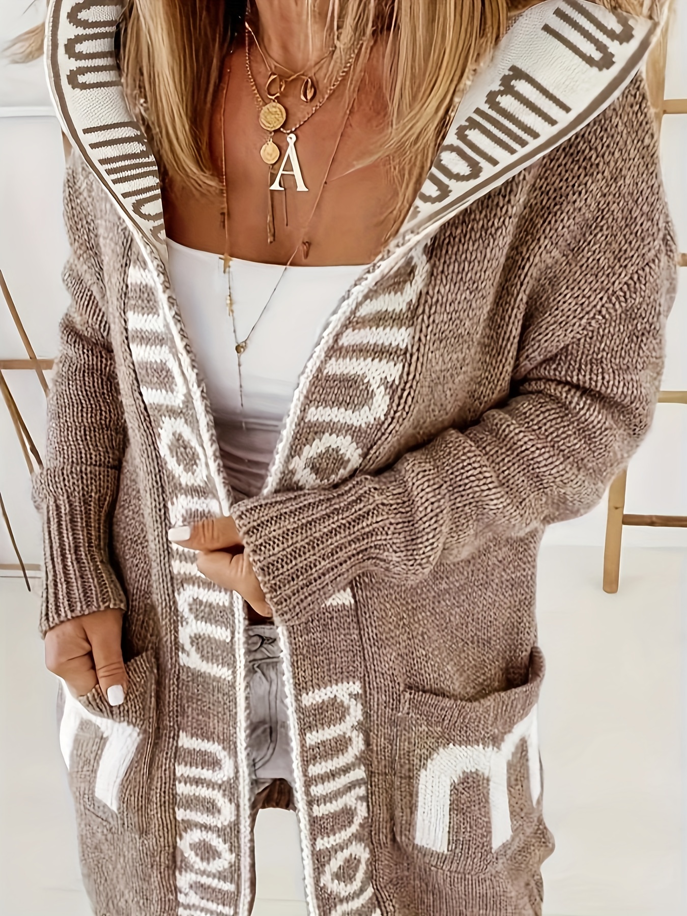 letter print waterfall collar, letter print waterfall collar knit cardigan casual hooded long sleeve sweater with pockets womens clothing details 7