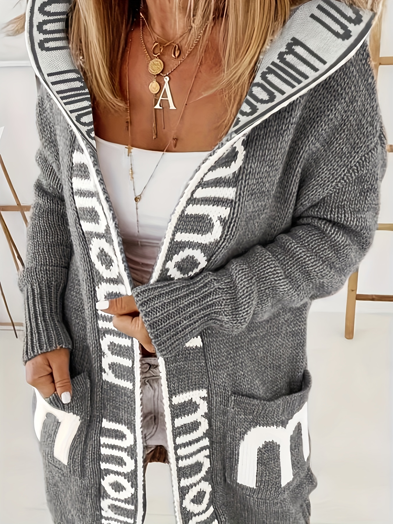 letter print waterfall collar, letter print waterfall collar knit cardigan casual hooded long sleeve sweater with pockets womens clothing details 11