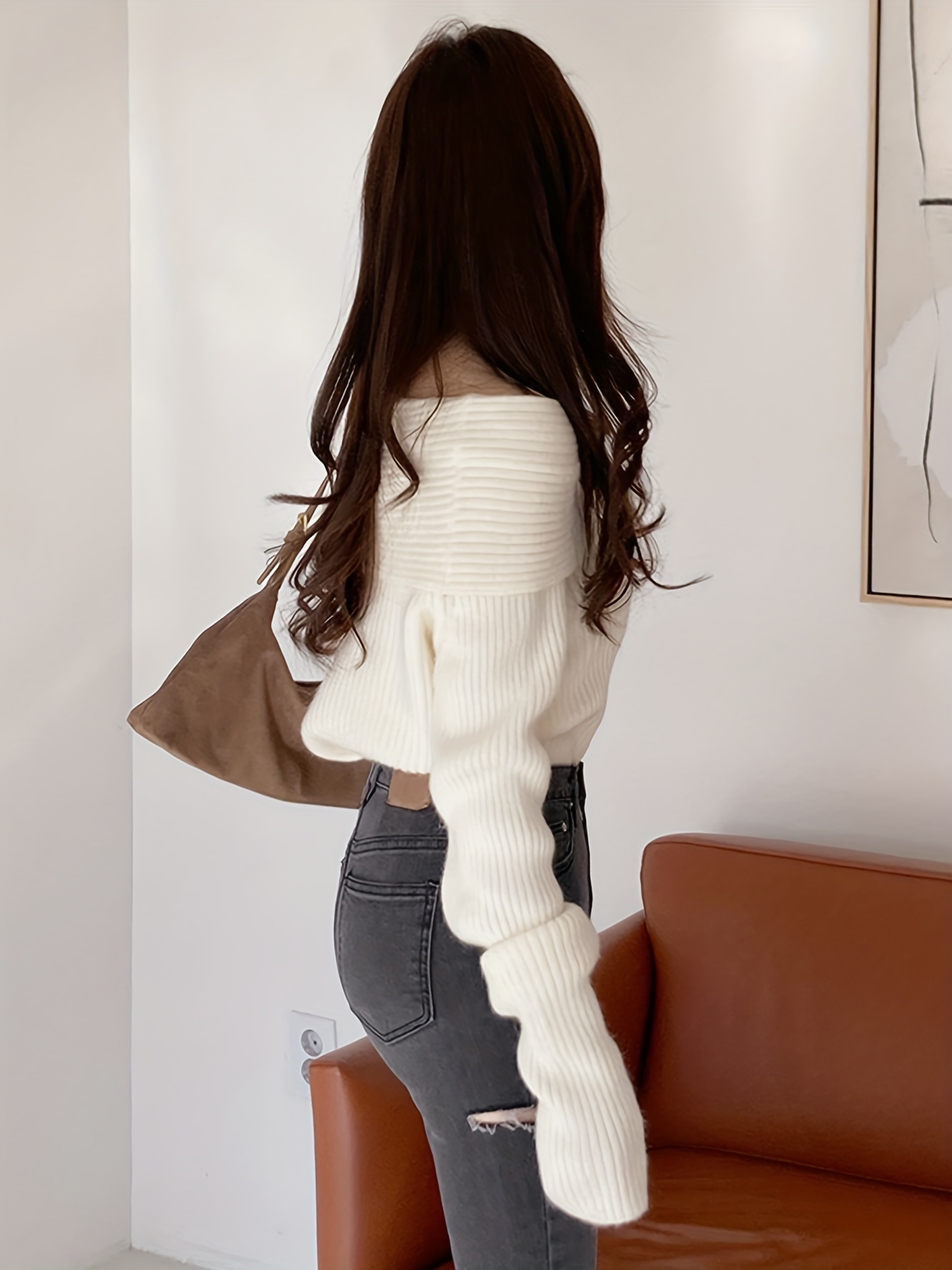 solid off shoulder pullover sweater casual long sleeve fashion sweater womens clothing details 1