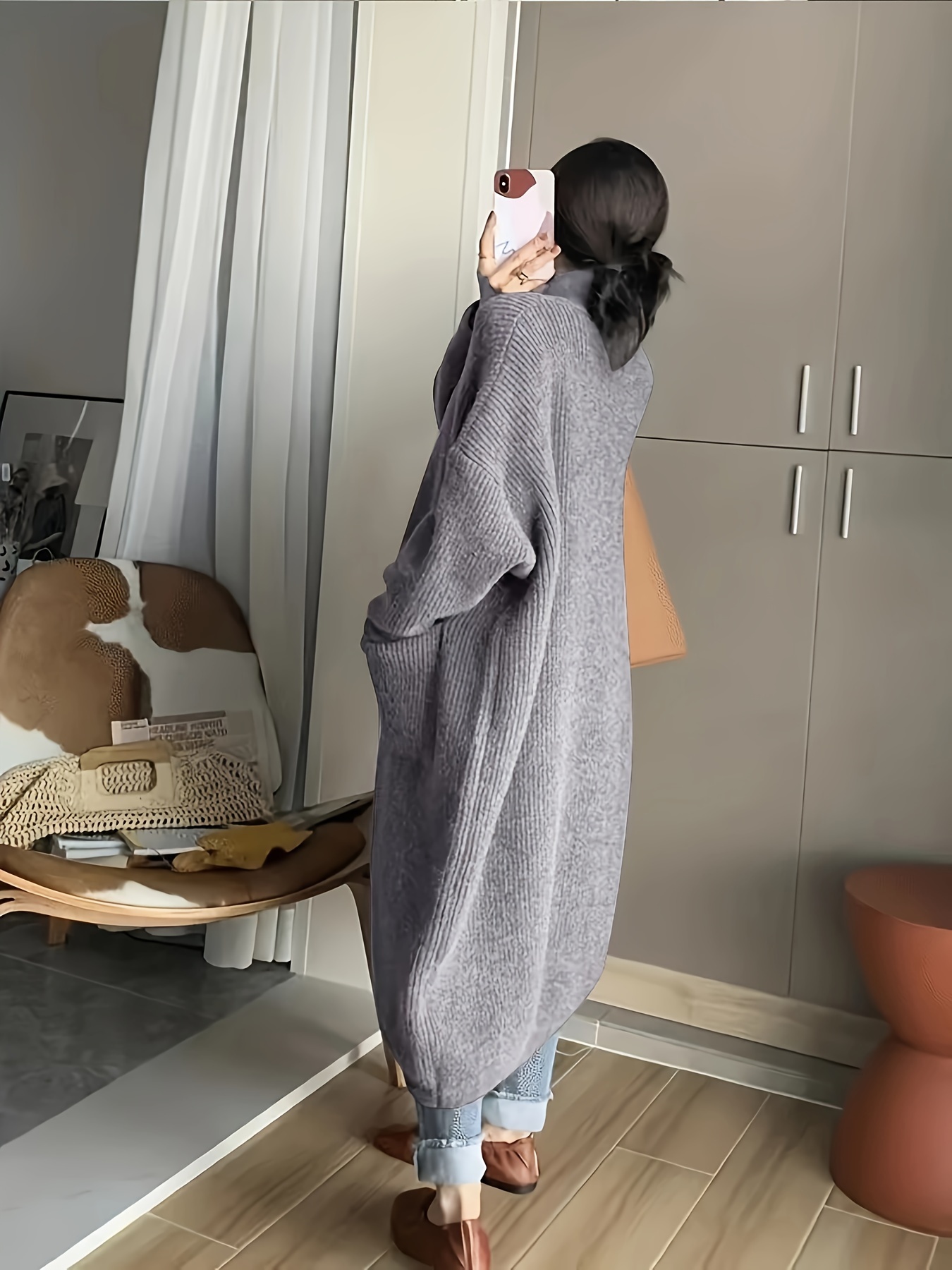 solid button front turtle neck cardigan casual long sleeve pocket oversized sweater overcoat womens clothing details 0