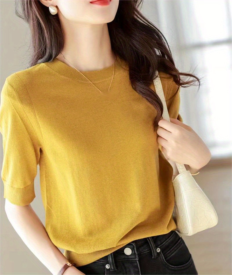 half sleeve knit swearter casual crew neck solid sweater for spring summer womens clothing details 1