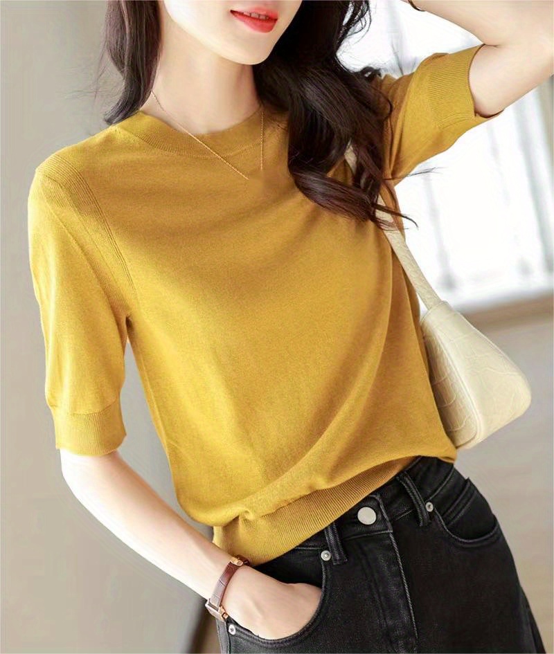 half sleeve knit swearter casual crew neck solid sweater for spring summer womens clothing details 2