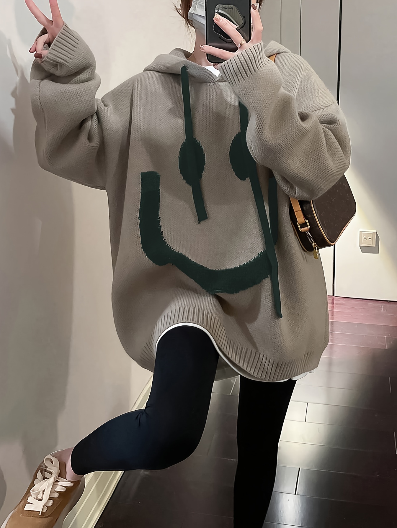 smile face pattern oversized hoodies casual drawstring long sleeve sweater womens clothing details 0