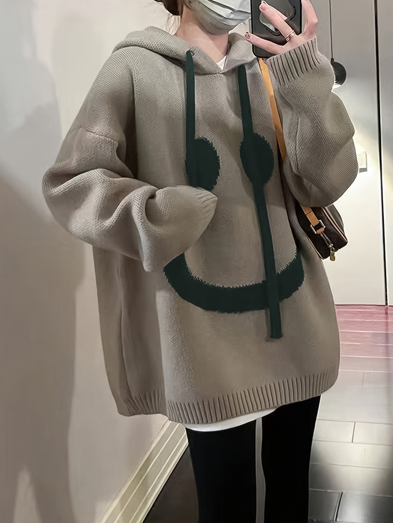 smile face pattern oversized hoodies casual drawstring long sleeve sweater womens clothing details 3