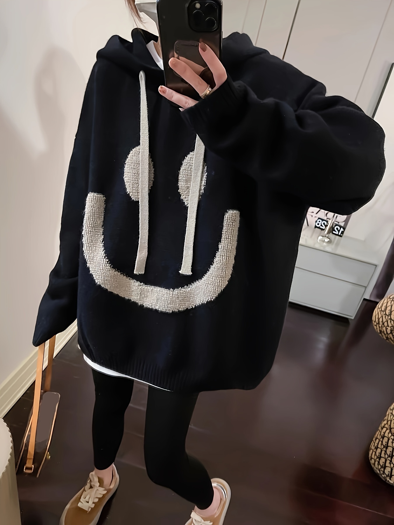 smile face pattern oversized hoodies casual drawstring long sleeve sweater womens clothing details 6