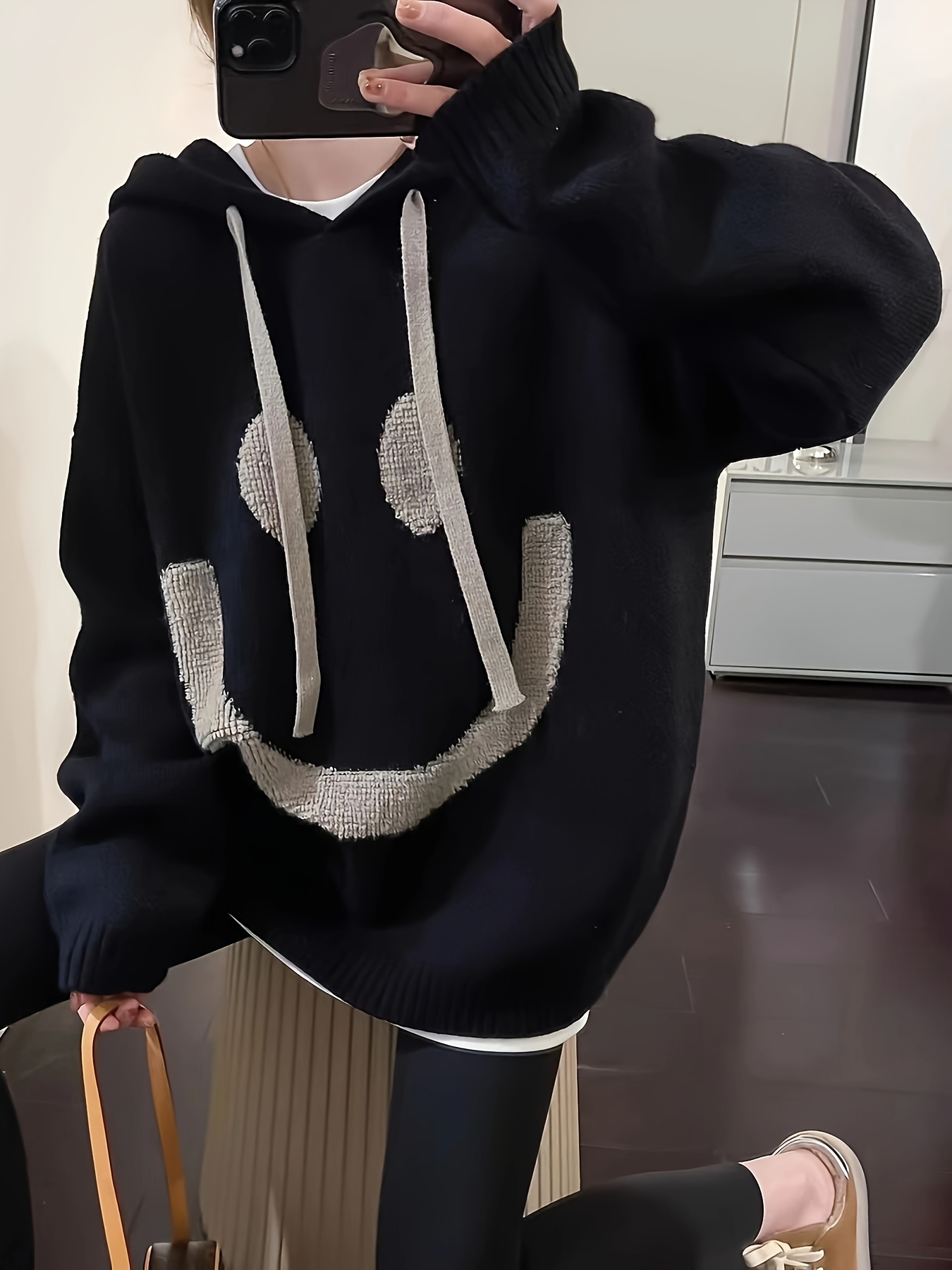 smile face pattern oversized hoodies casual drawstring long sleeve sweater womens clothing details 7