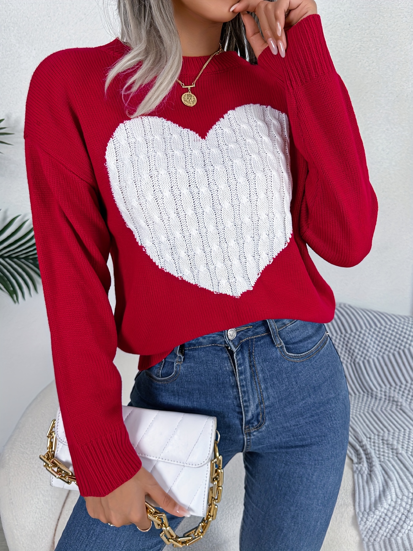 twist heart knitted pullover sweater casual long sleeve sweater for fall winter womens clothing details 1