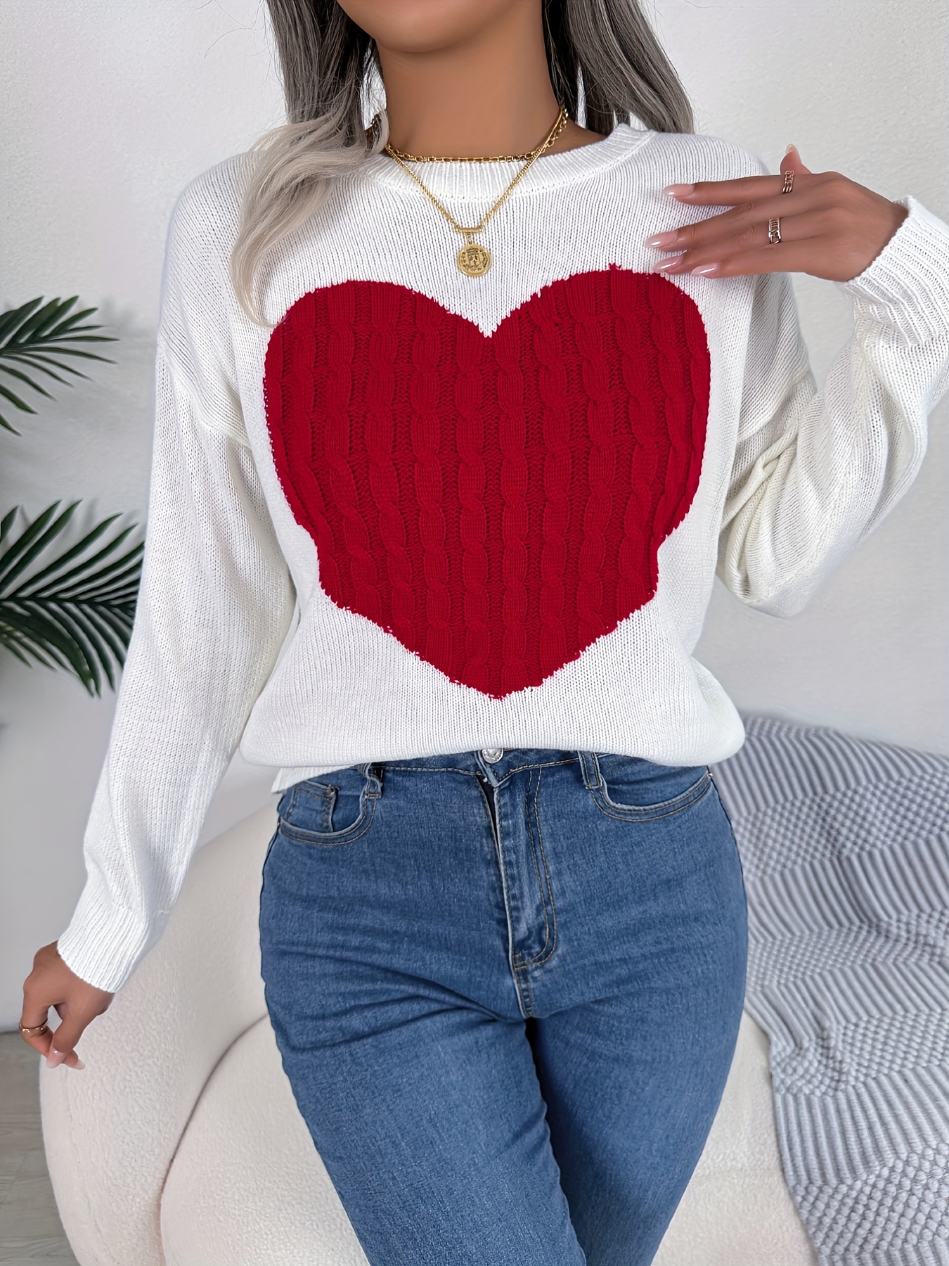 twist heart knitted pullover sweater casual long sleeve sweater for fall winter womens clothing details 10