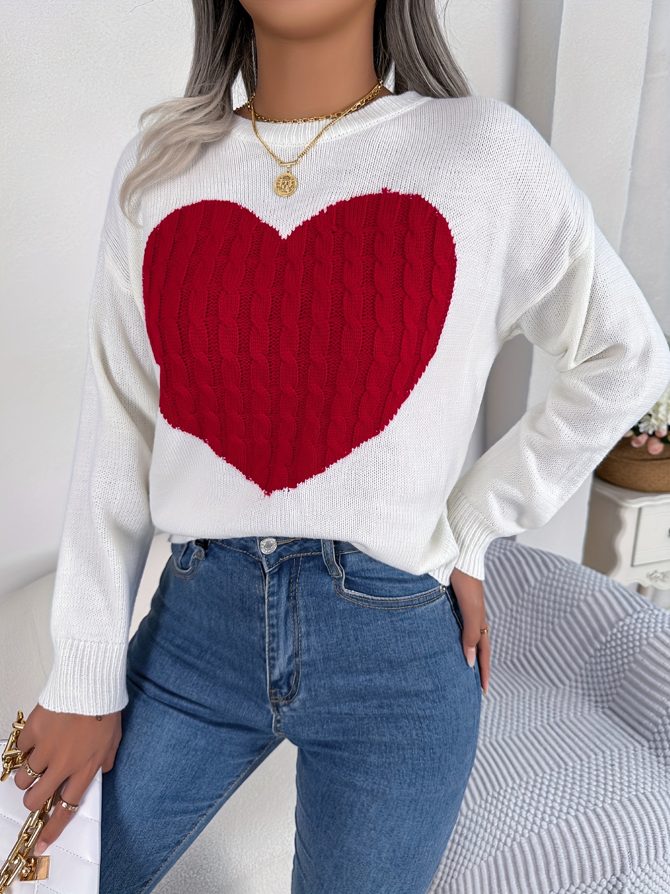 twist heart knitted pullover sweater casual long sleeve sweater for fall winter womens clothing details 11