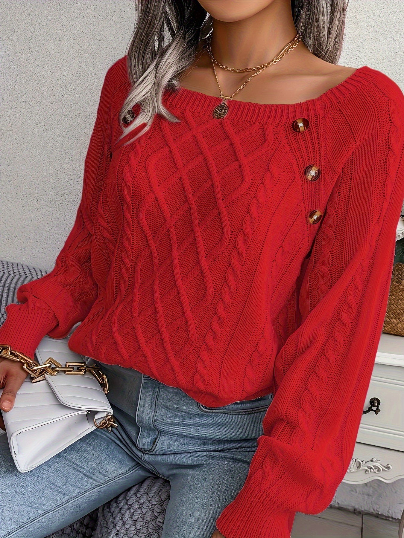 solid cable knit sweater casual crew neck long sleeve sweater womens clothing details 2