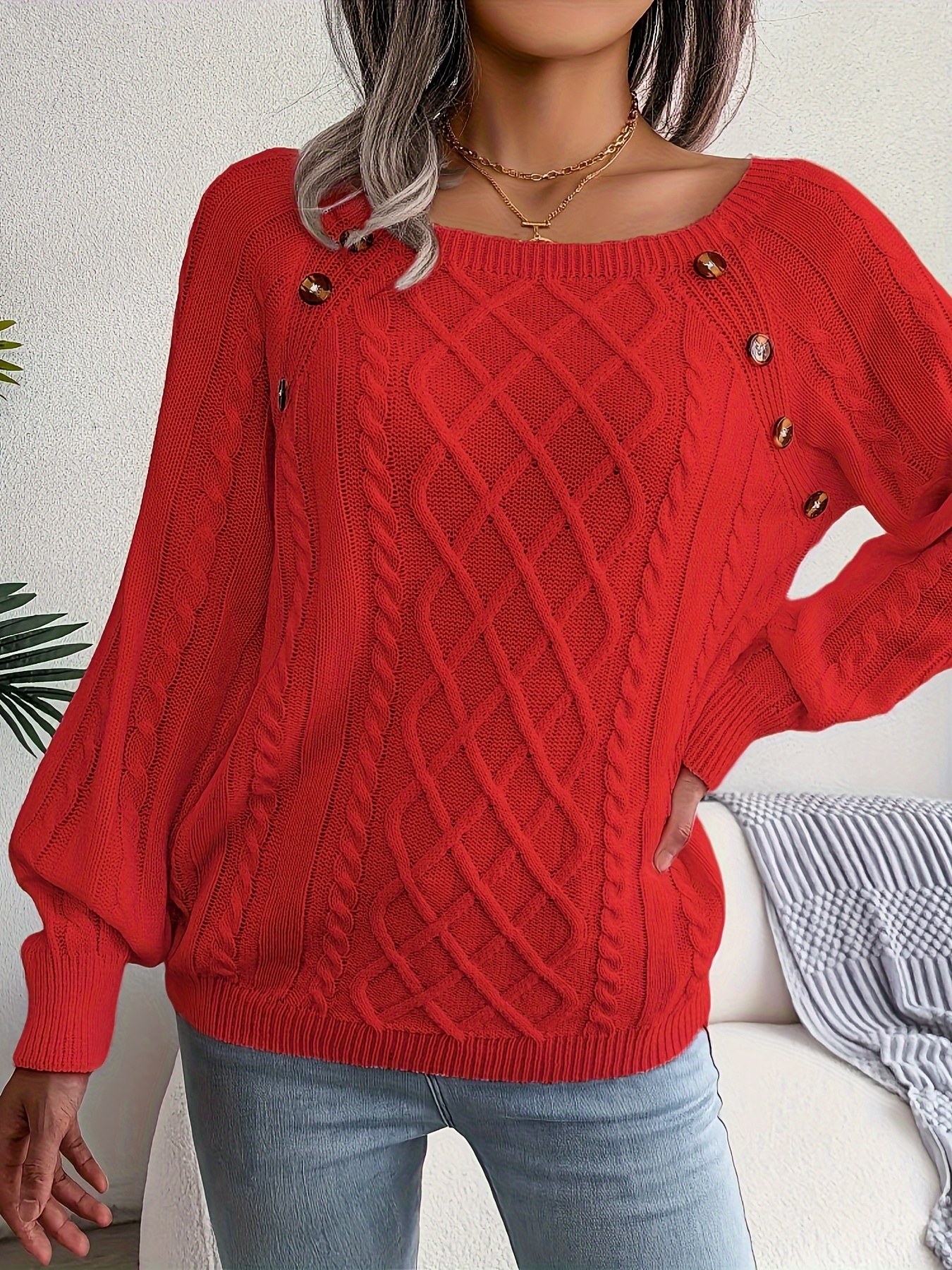 solid cable knit sweater casual crew neck long sleeve sweater womens clothing details 3