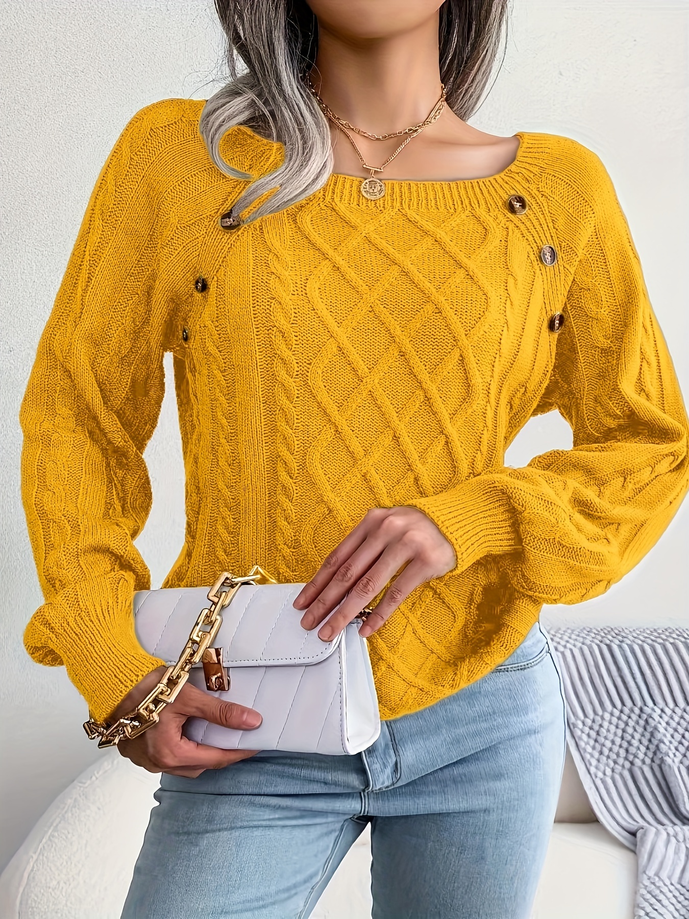 solid cable knit sweater casual crew neck long sleeve sweater womens clothing details 15