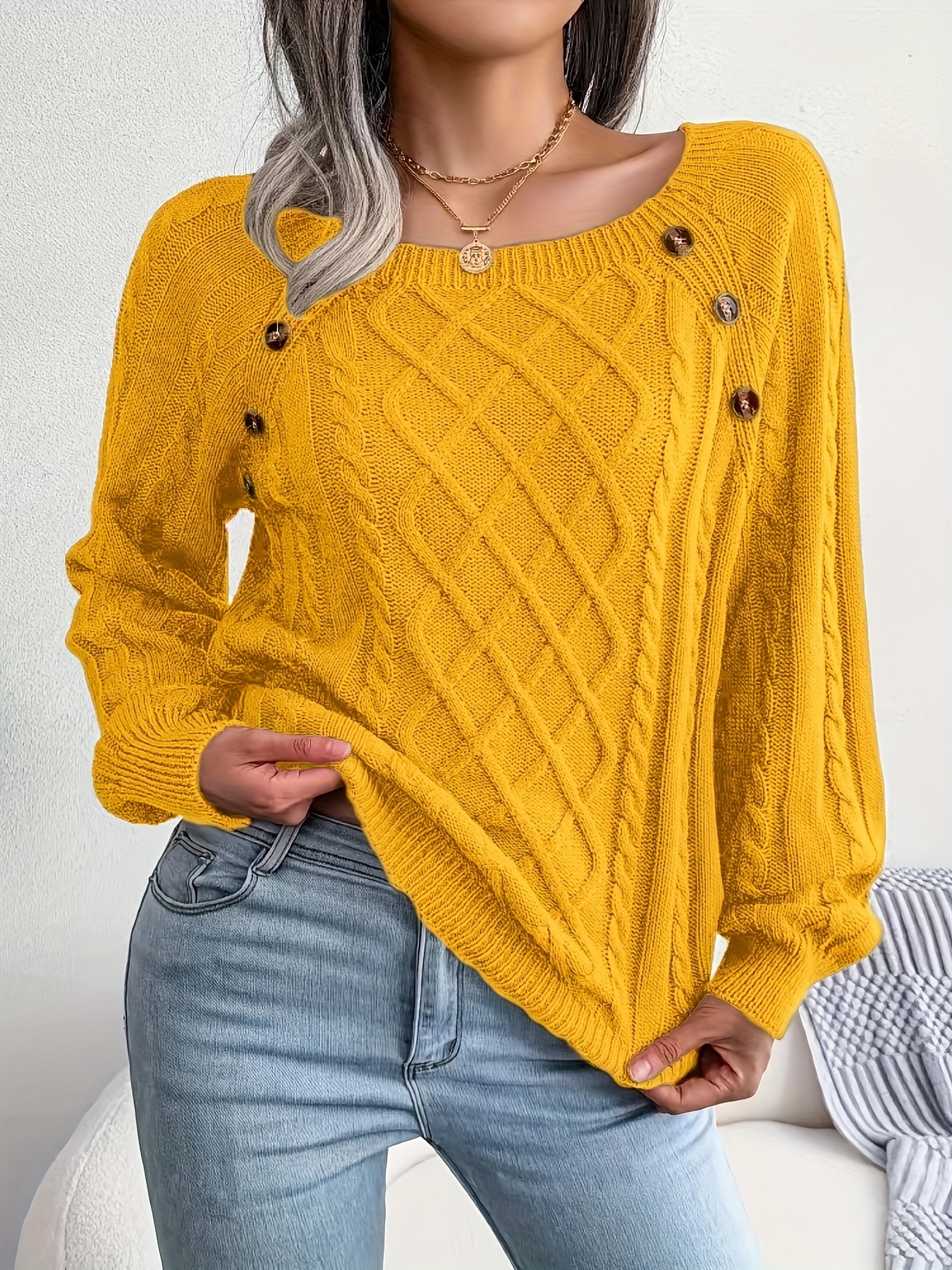 solid cable knit sweater casual crew neck long sleeve sweater womens clothing details 16