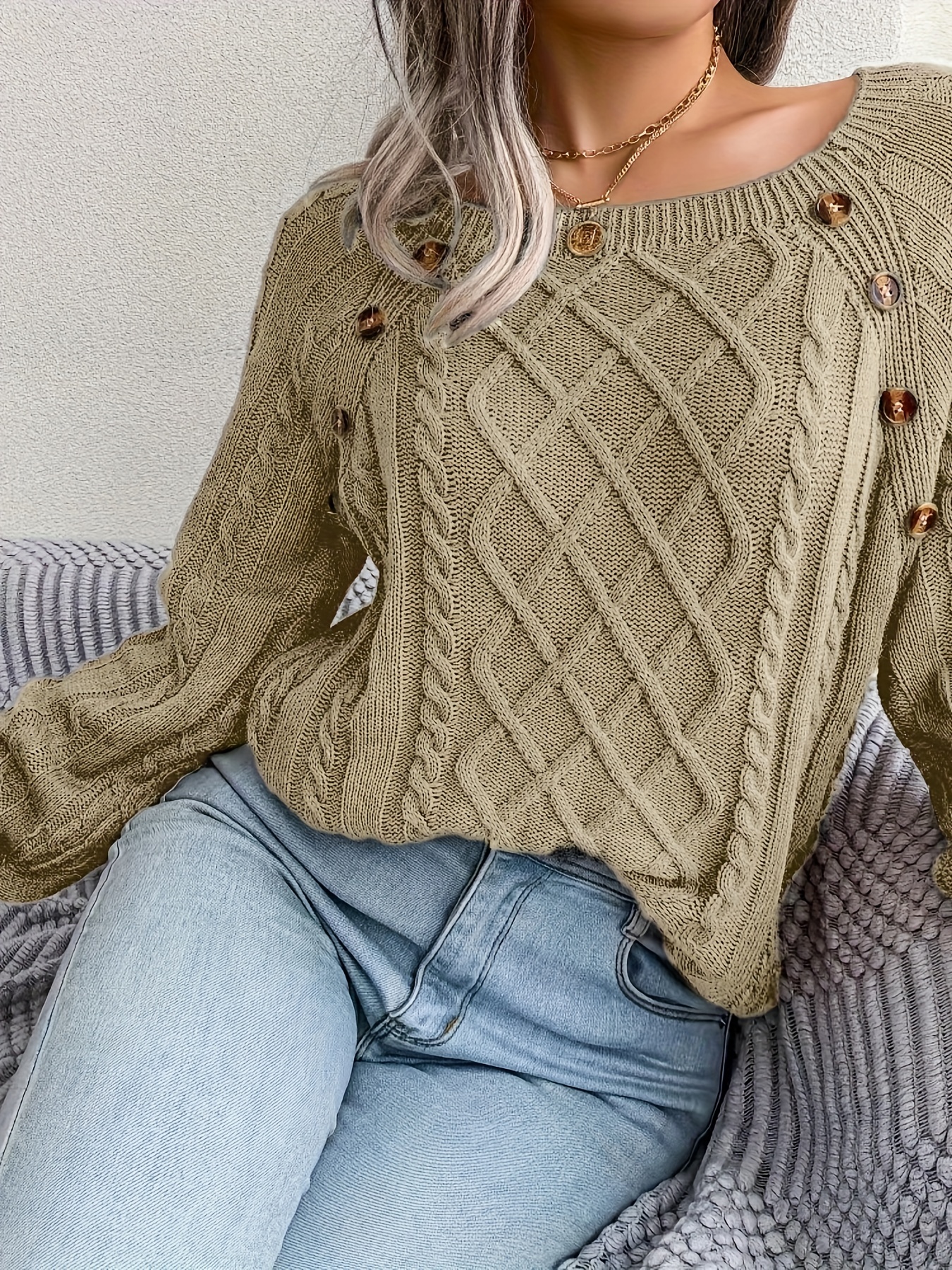 solid cable knit sweater casual crew neck long sleeve sweater womens clothing details 25