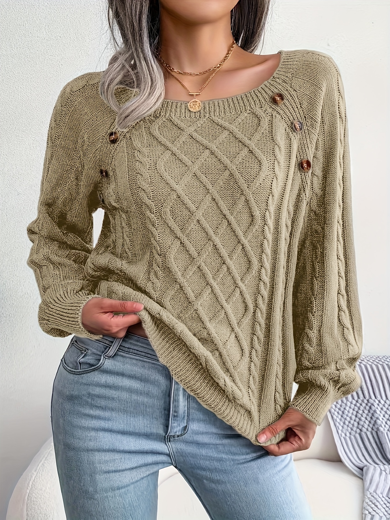 solid cable knit sweater casual crew neck long sleeve sweater womens clothing details 27